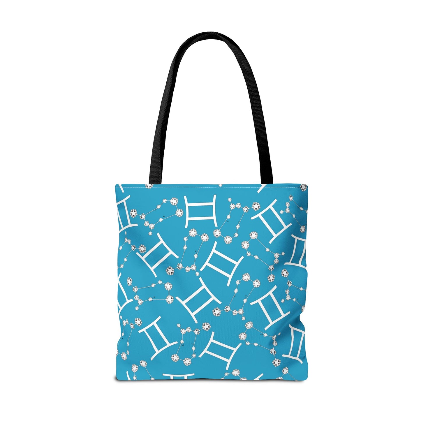 Tote Bag, Gemini Zodiac Sign, AOP, (Turquoise, White Print)