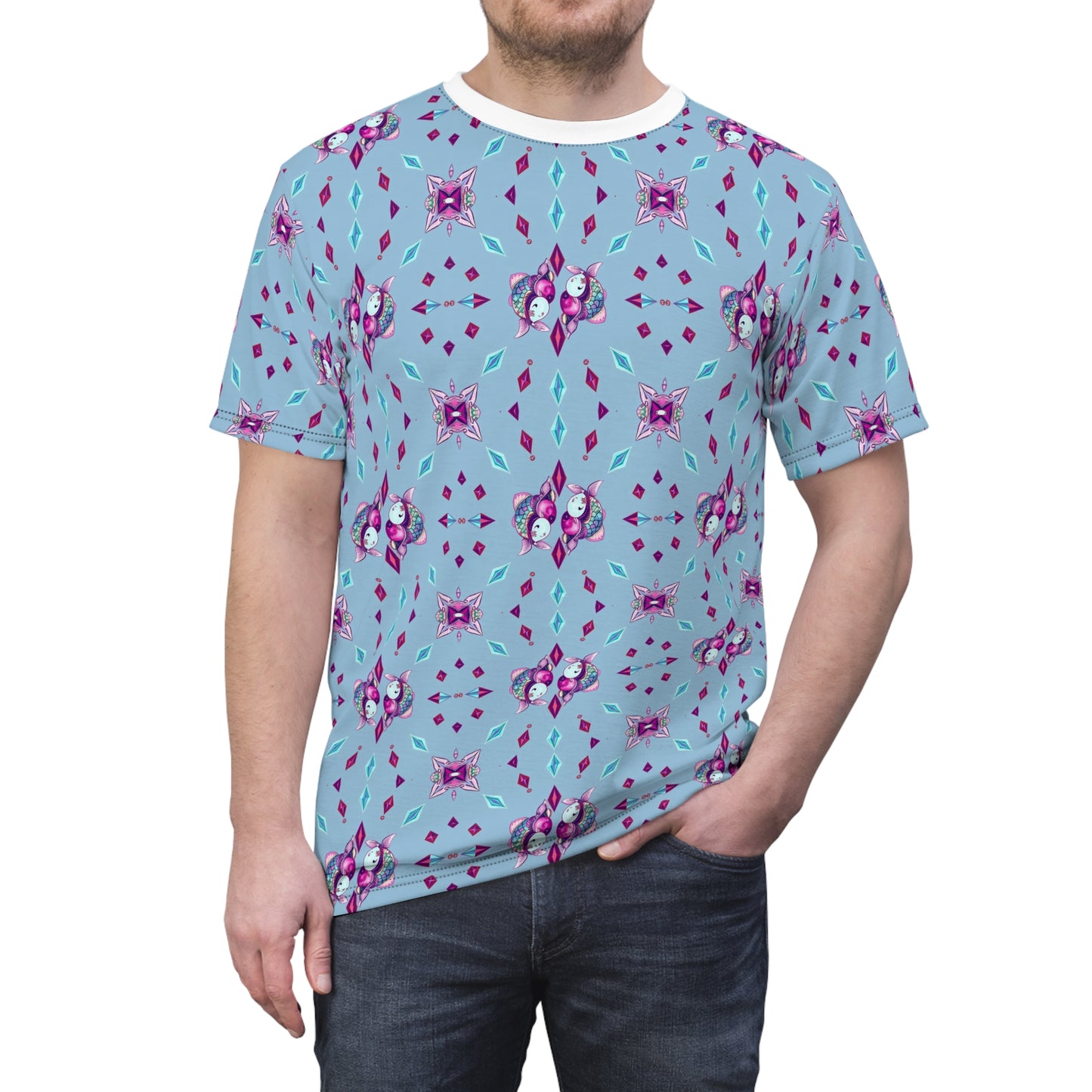 Unisex Cut & Sew T-Shirt, (AOP), Pisces, Zodiac v1, Jewels Pattern