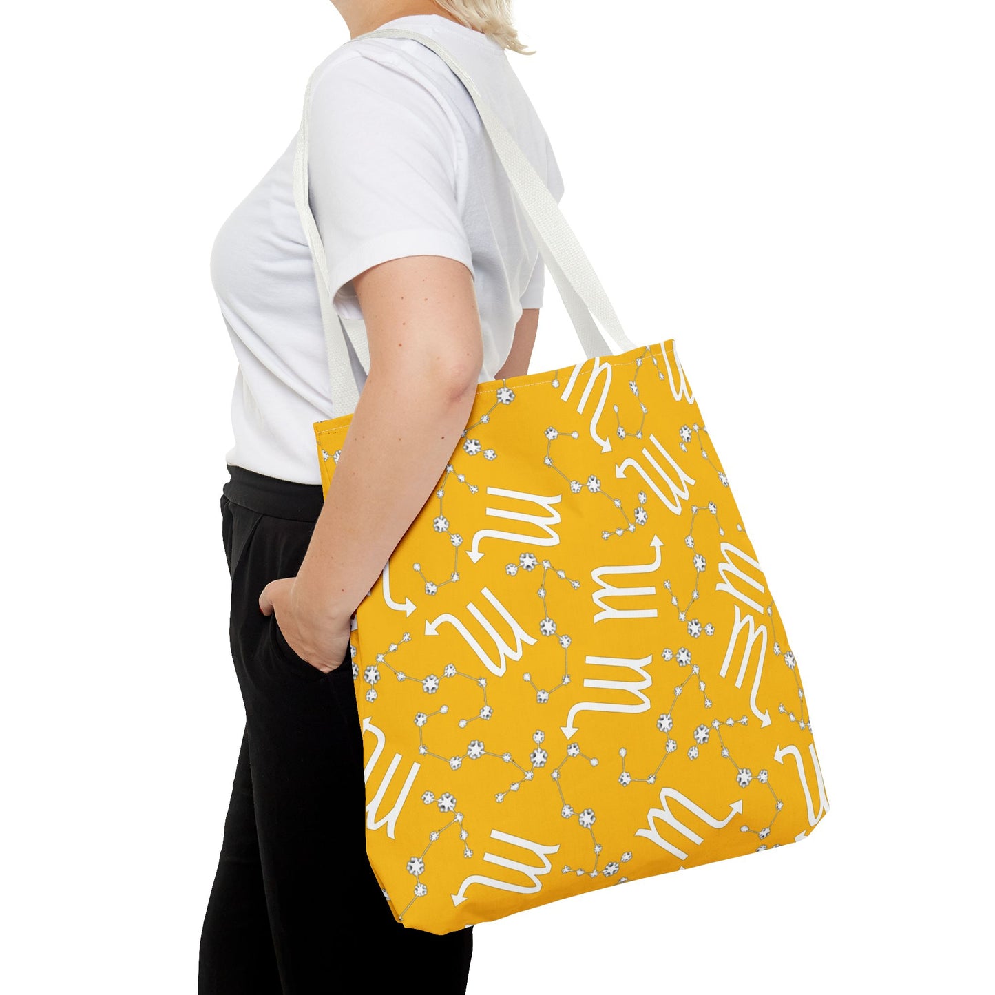 Tote Bag, Scorpio Zodiac Sign, AOP, (Yellow, White)