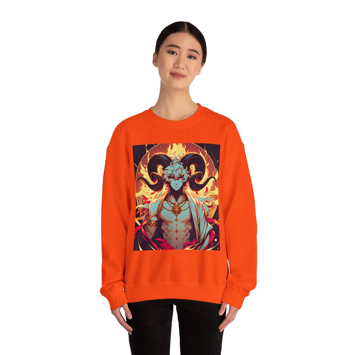 Unisex Heavy Blend™ Crewneck Sweatshirt, Anime Fire Aries, Zodiac Design