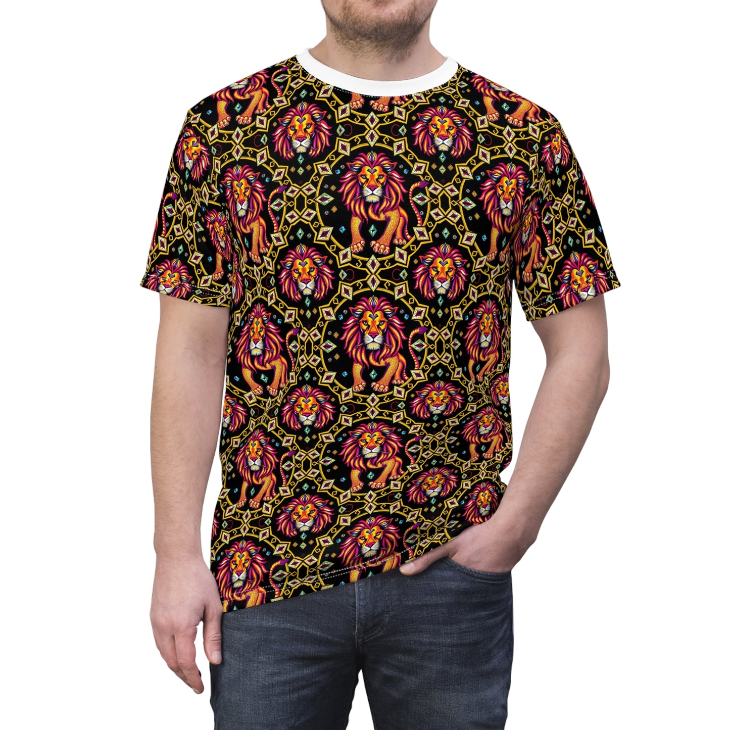Unisex Cut & Sew T-Shirt, (AOP), Leo, Zodiac v2, Jewels Pattern