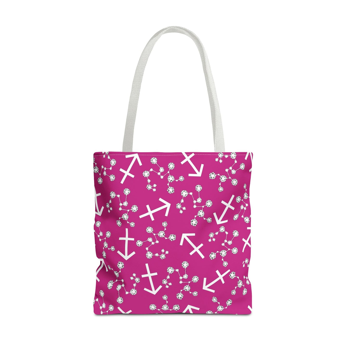 Tote Bag, Sagittarius Zodiac Sign, AOP, (Pink, White Print)