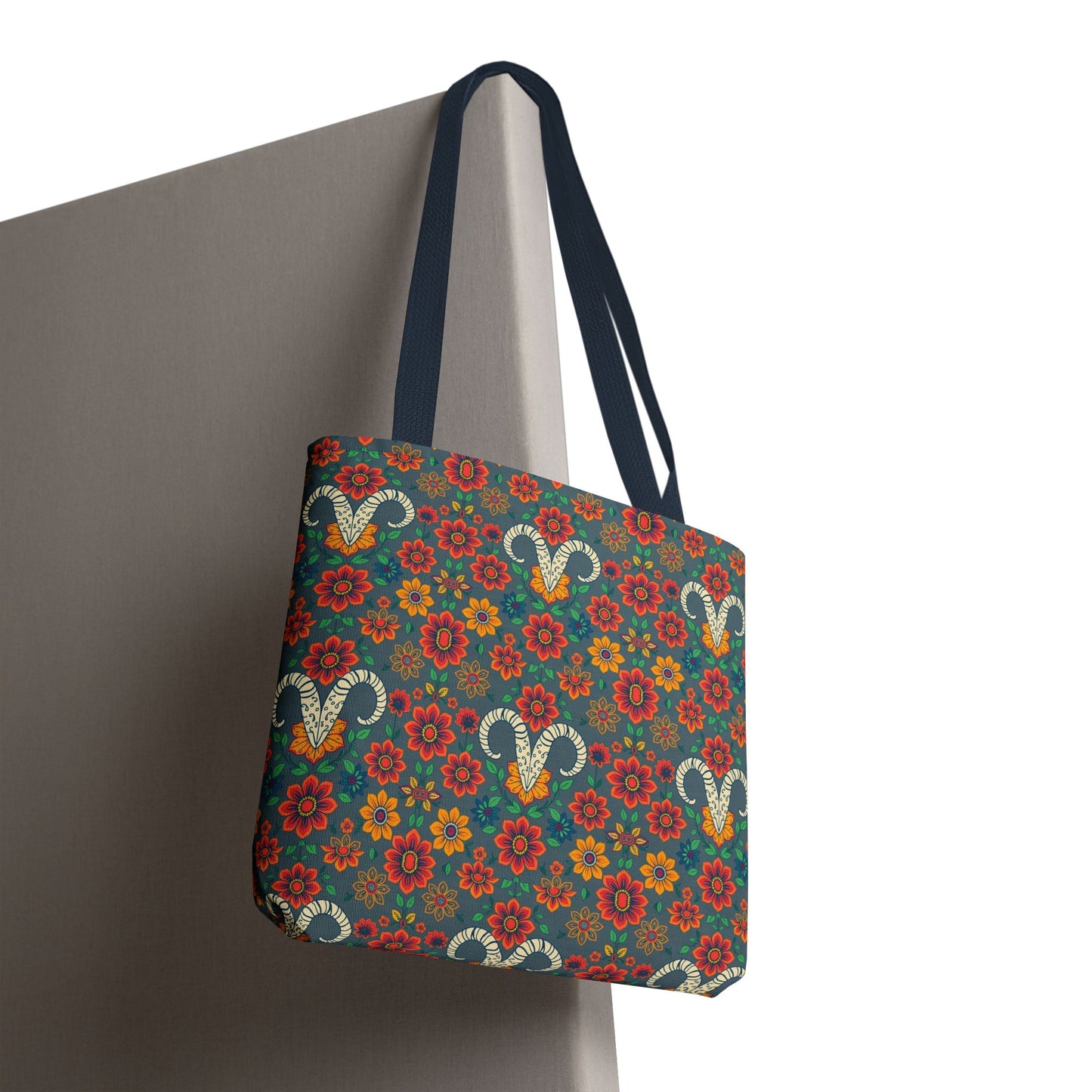 Tote Bag, (AOP), Aries, Zodiac v1, Flower Pattern