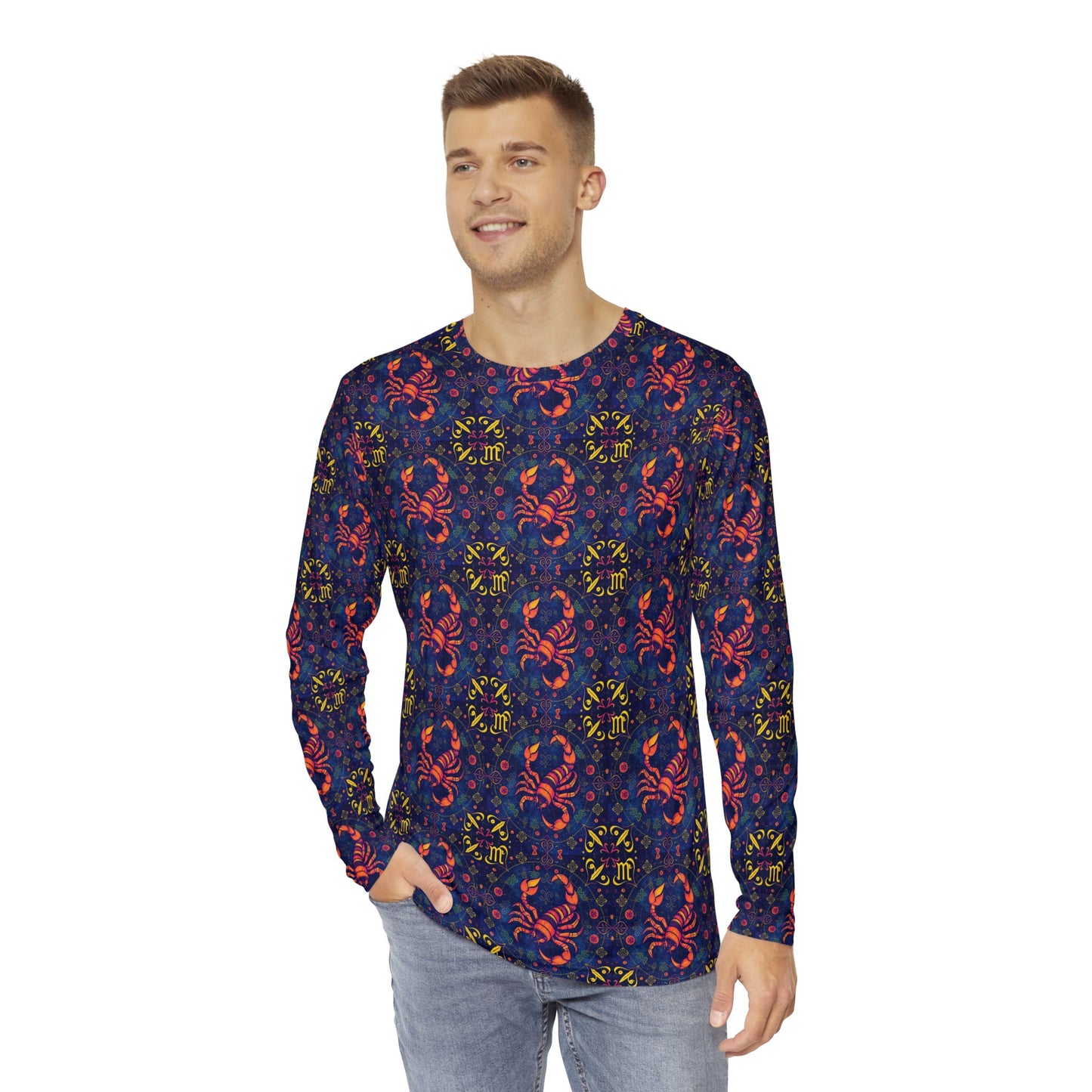 Men's Long Sleeve Shirt, (AOP), Scorpio, Zodiac v4, Pattern