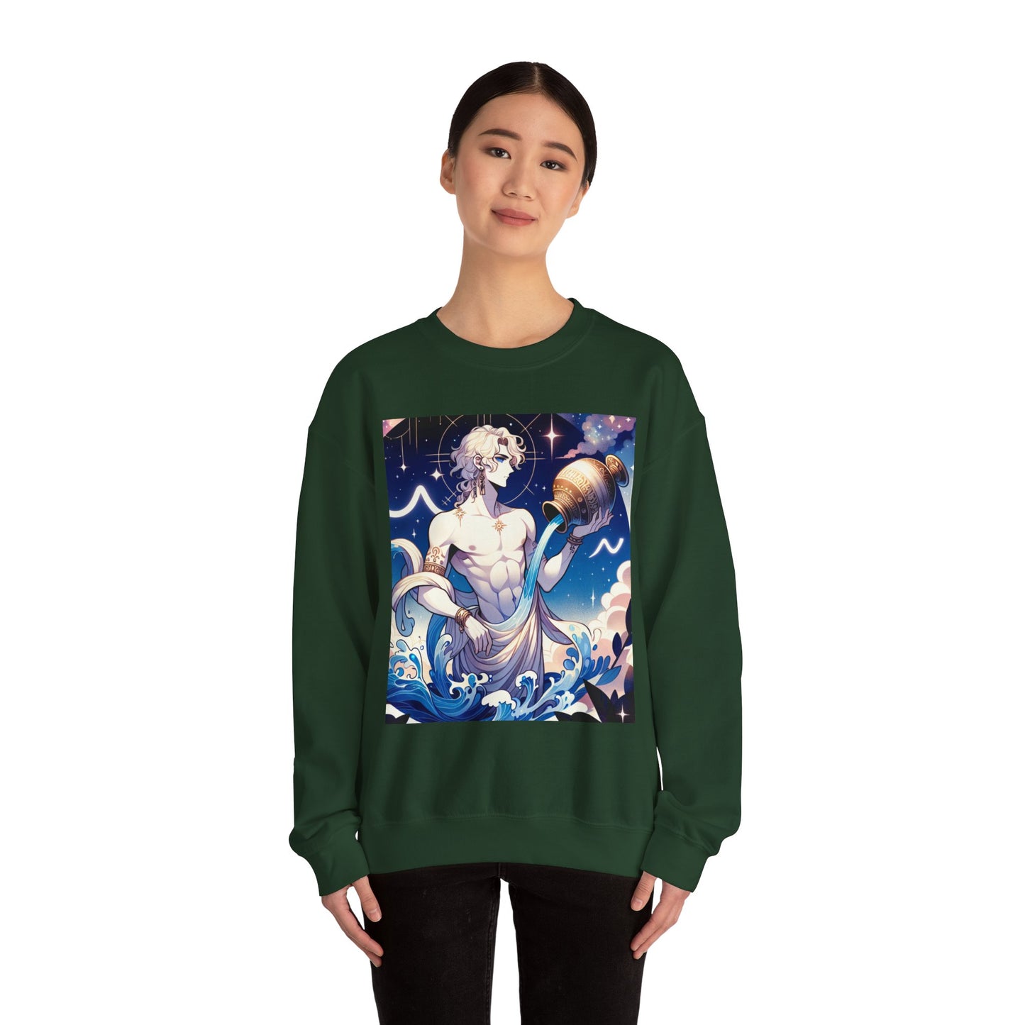 Unisex Heavy Blend™ Crewneck Sweatshirt, Anime Aqua God, Aquarius Zodiac Design