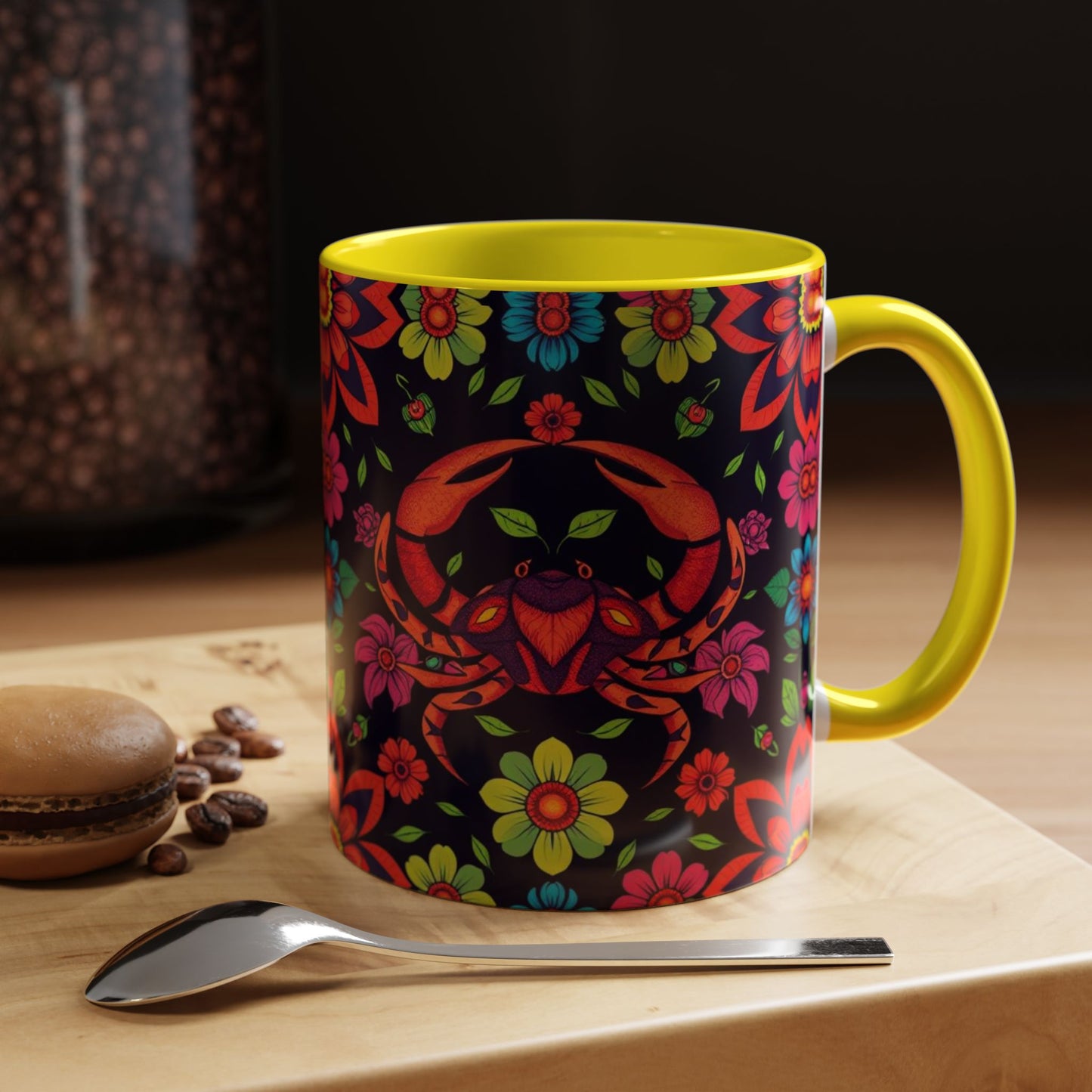 Accent Coffee Mug, Cancer, Zodiac v4, Flower Pattern, (11, 15oz)