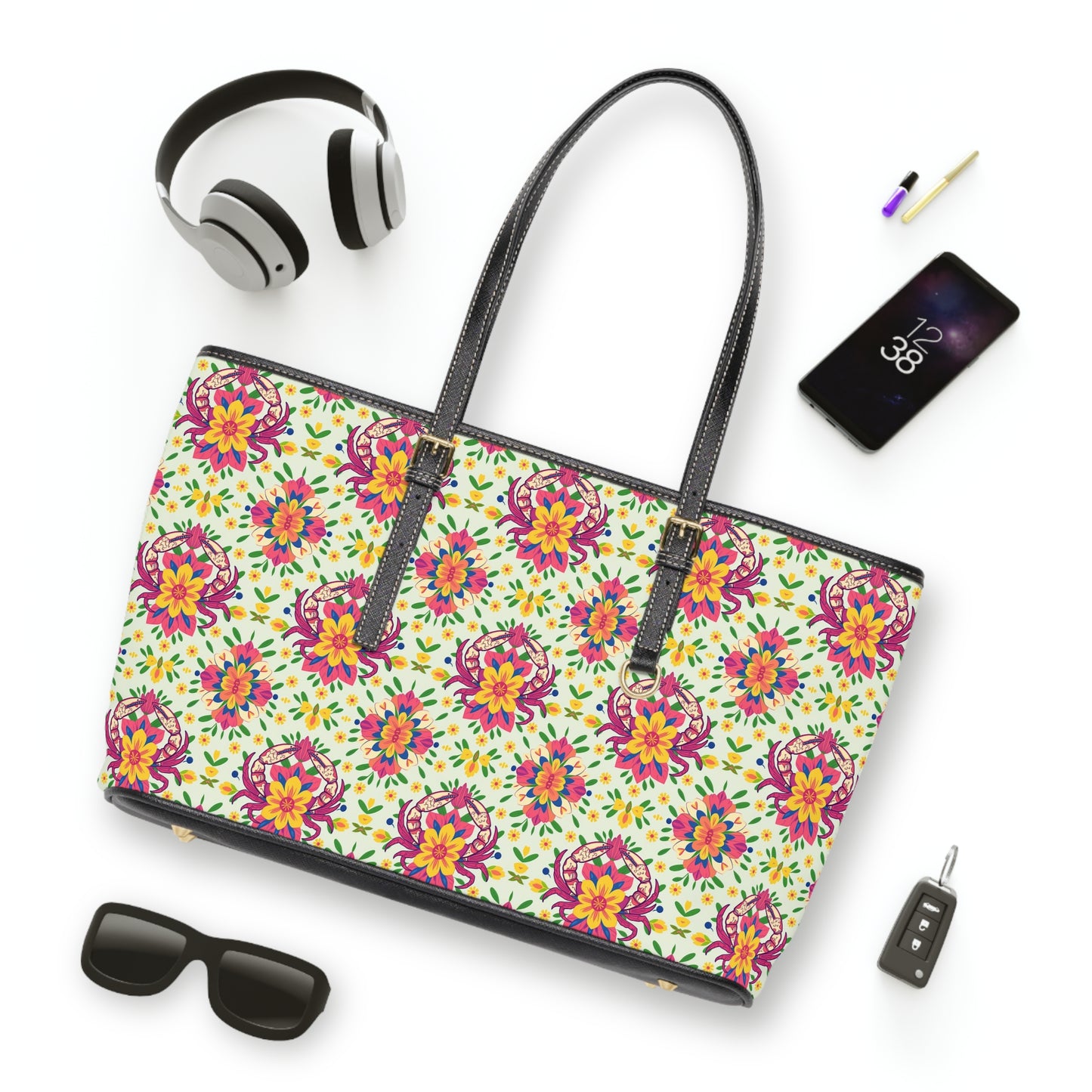 Leather Shoulder Bag, Cancer, Zodiac v2, Flower Pattern