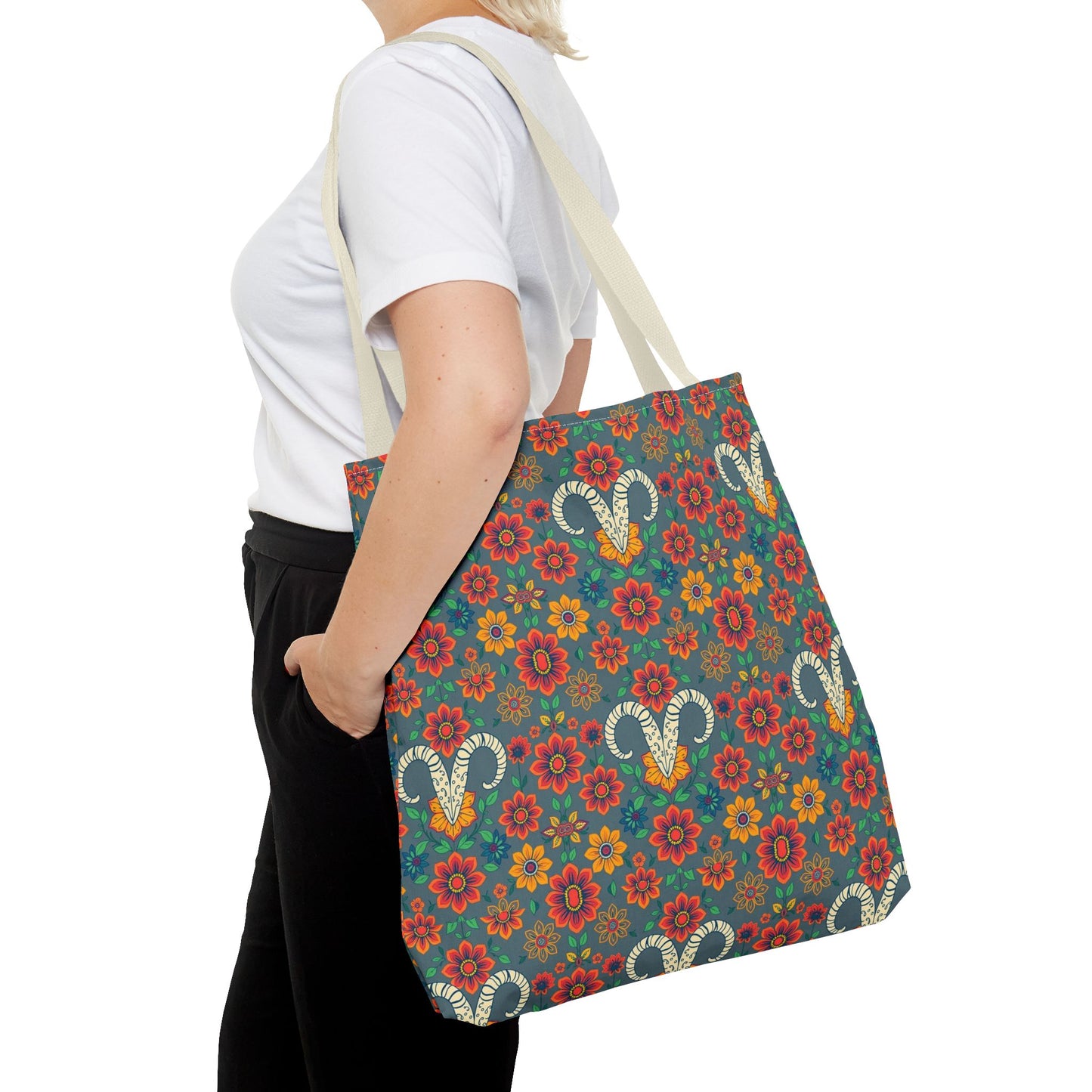 Tote Bag, (AOP), Aries, Zodiac v1, Flower Pattern