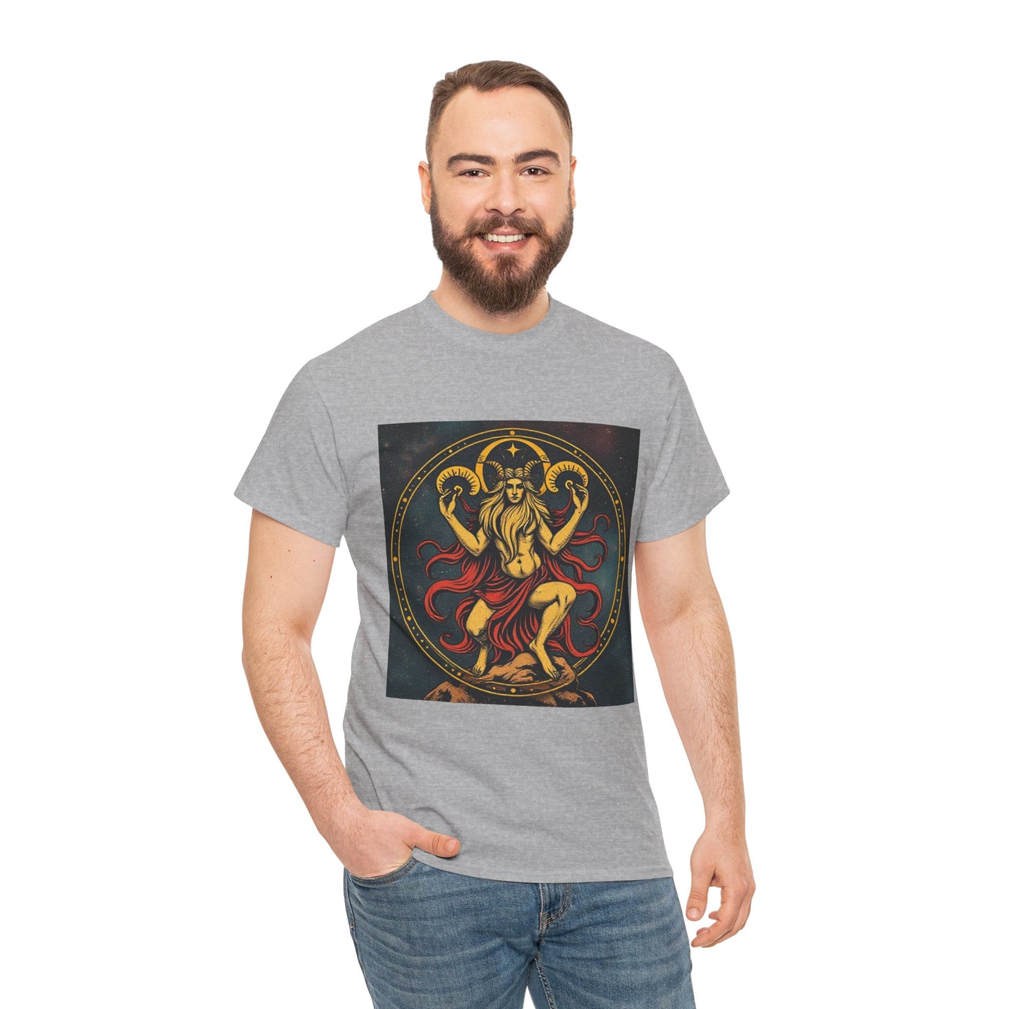 Unisex Heavy Cotton T-Shirt, Aries God 2v, Zodiac Design