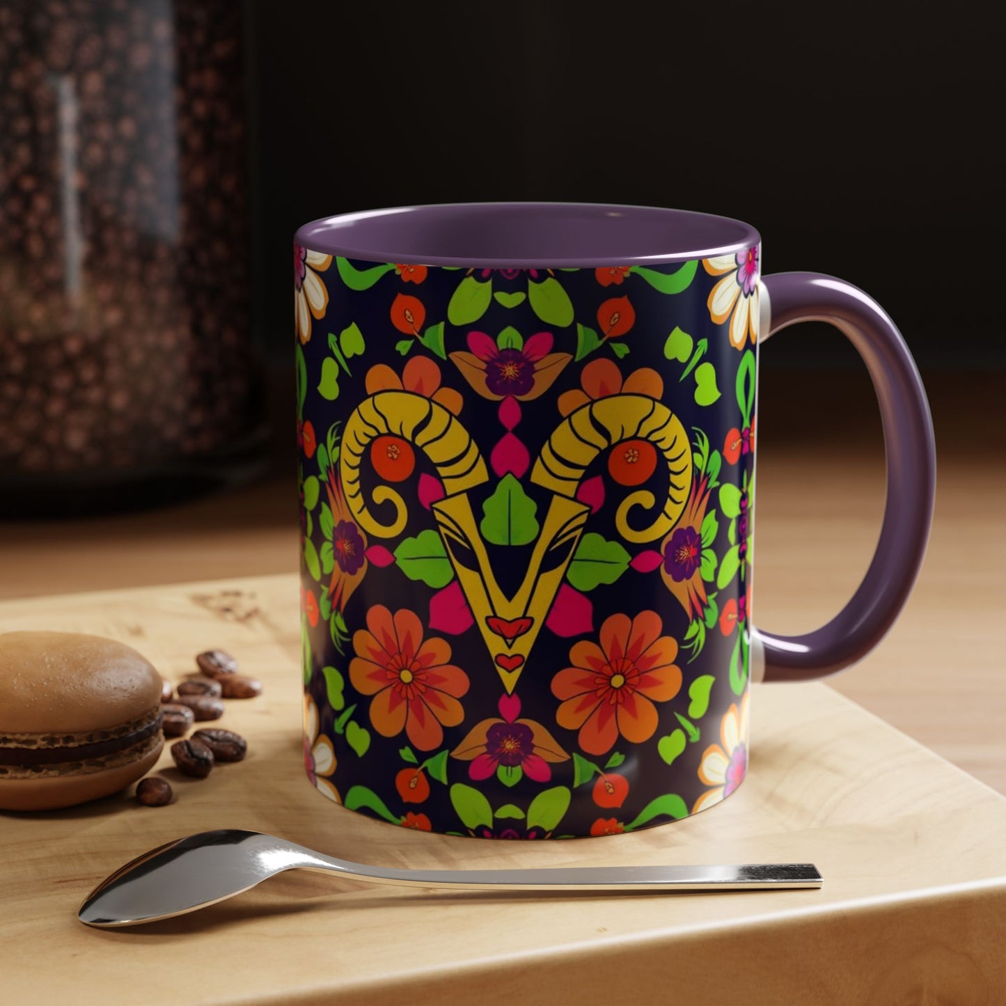 Accent Coffee Mug, Aries, Zodiac v2, Flower Pattern, (11, 15oz)