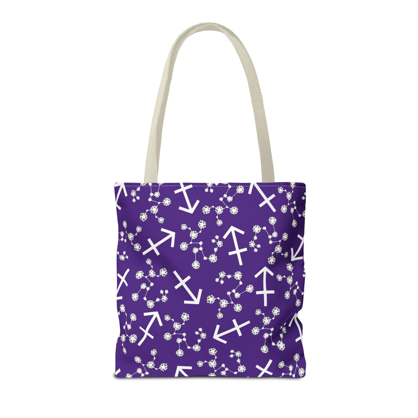 Tote Bag, Sagittarius Zodiac Sign, AOP, (Purple, White Print)