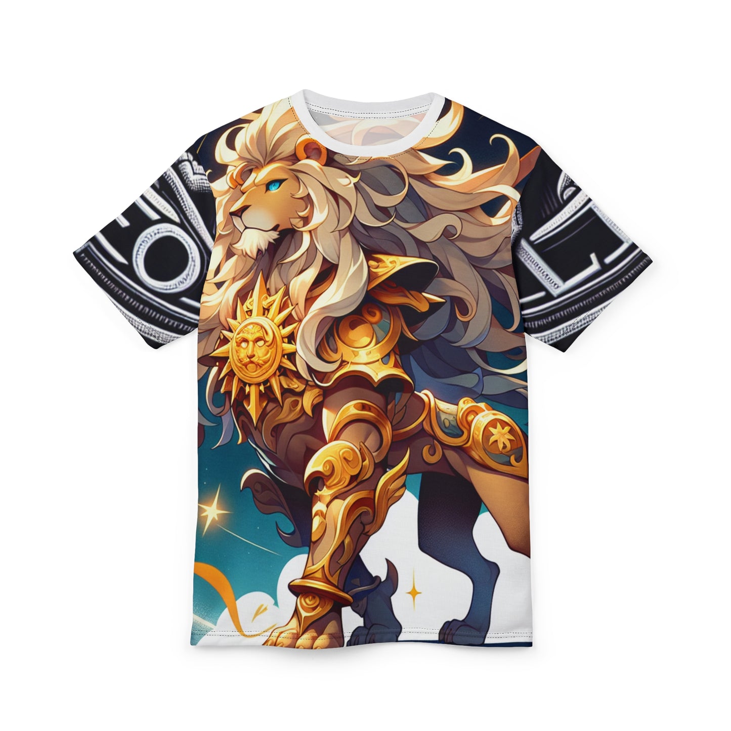 Unisex Cut & Sew T-Shirt (AOP), Armored Lion, Leo Zodiac Design, Regular fit, 100% Polyester