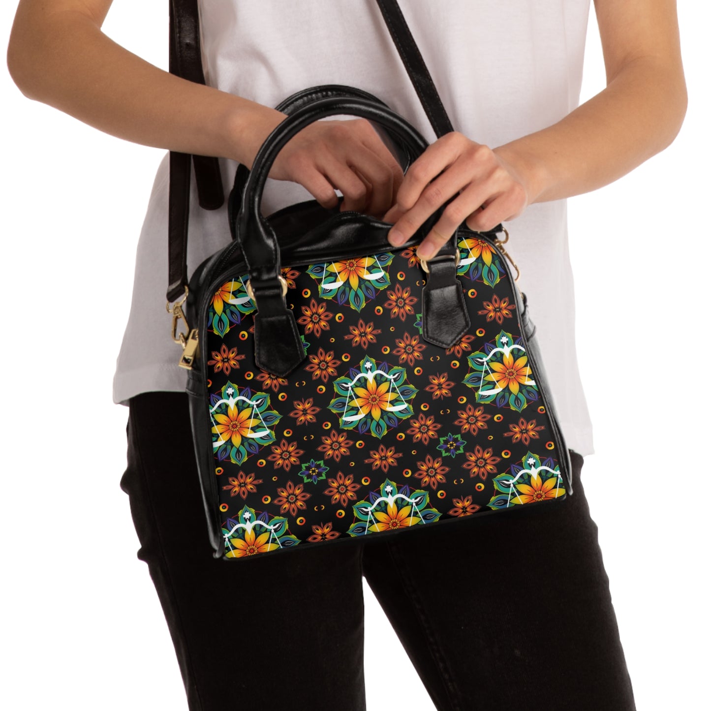 Shoulder Handbag, Libra, Zodiac, Flower Pattern