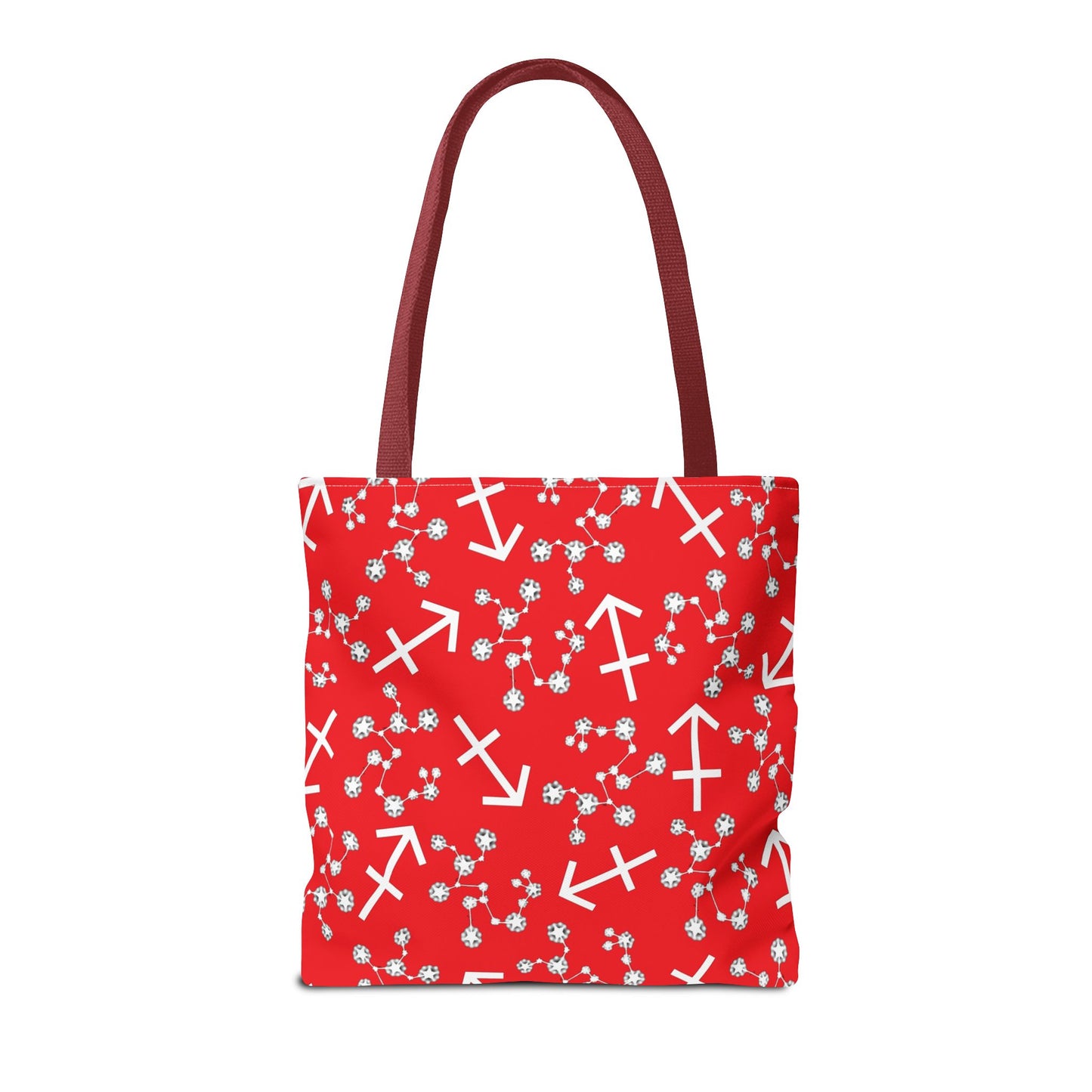 Tote Bag, Sagittarius Zodiac Sign, AOP, (Red, White Print)