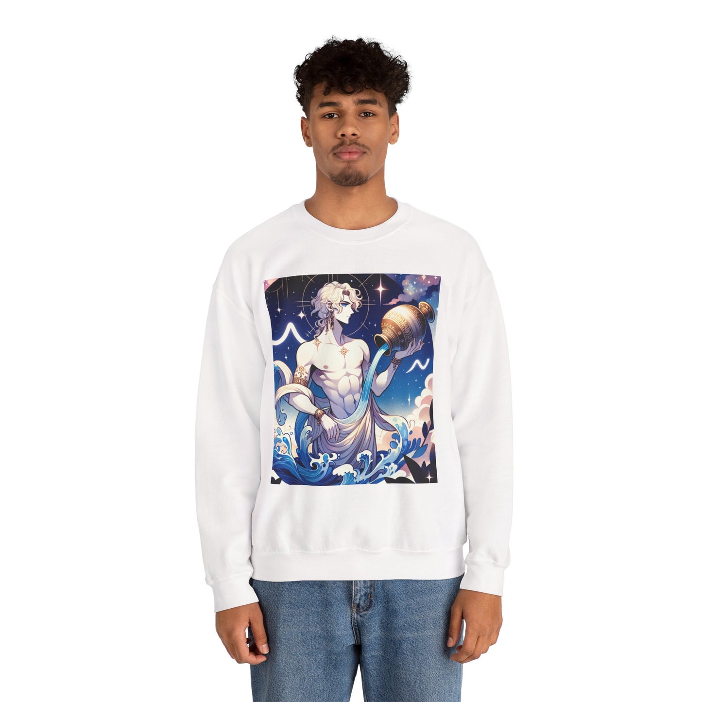 Unisex Heavy Blend™ Crewneck Sweatshirt, Anime Aqua God, Aquarius Zodiac Design