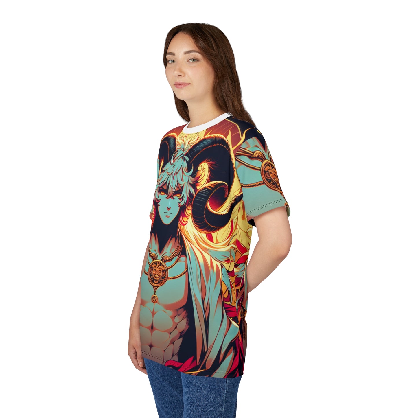 Unisex Cut & Sew T-Shirt (AOP), Anime Character, Aries Zodiac Design, Regular fit, 100% Polyester