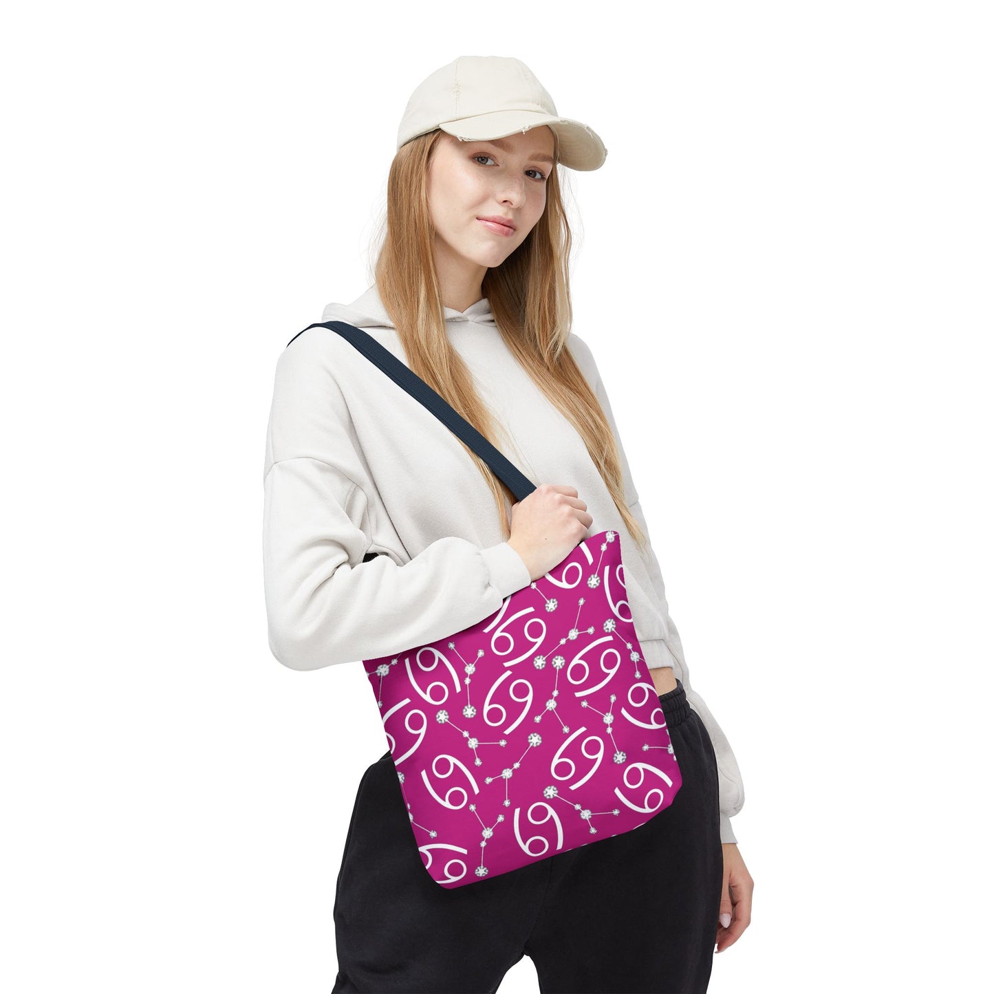 Tote Bag, Cancer Zodiac Sign, AOP, (Pink, White)