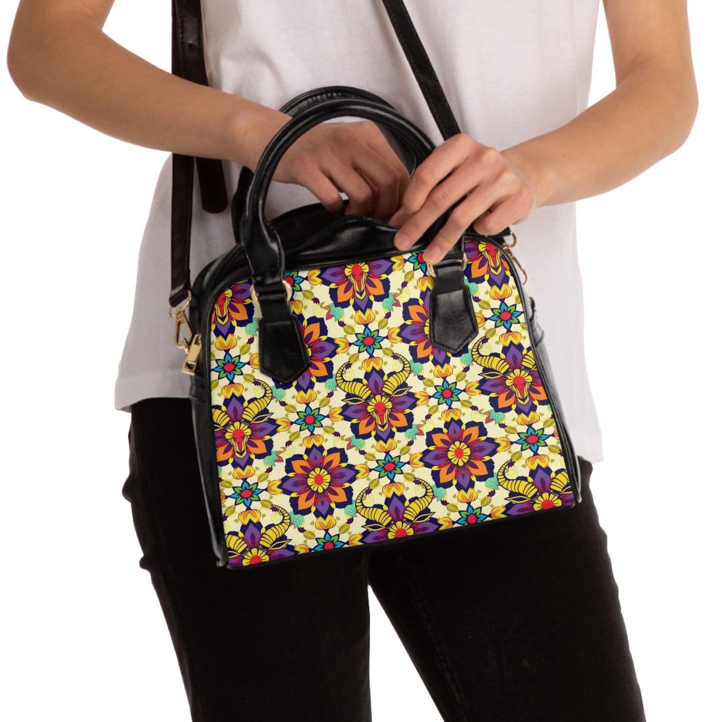 Shoulder Handbag, Taurus, Zodiac v2, Flower Pattern