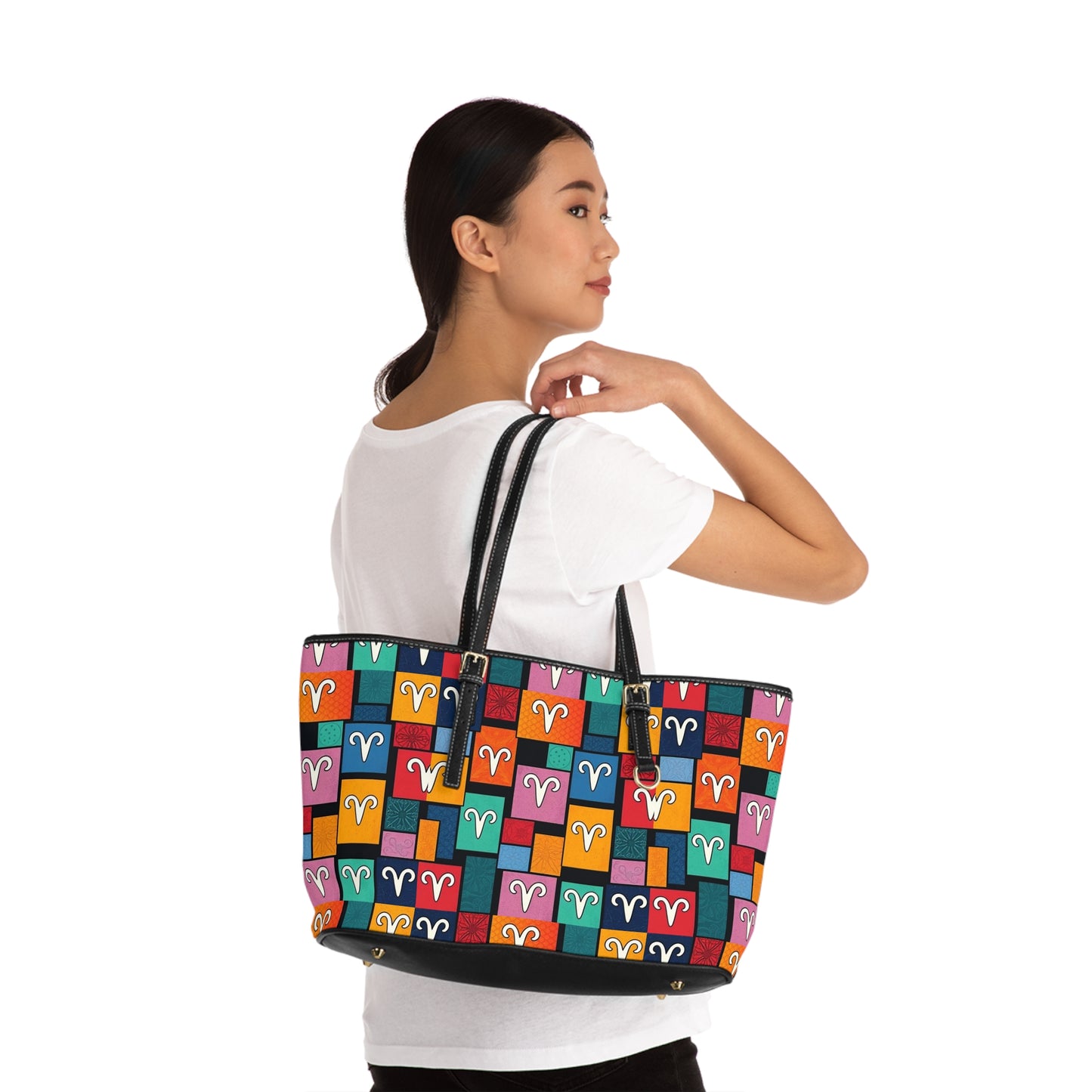 Leather Shoulder Bag, Aries, Zodiac v2, Shapes Pattern