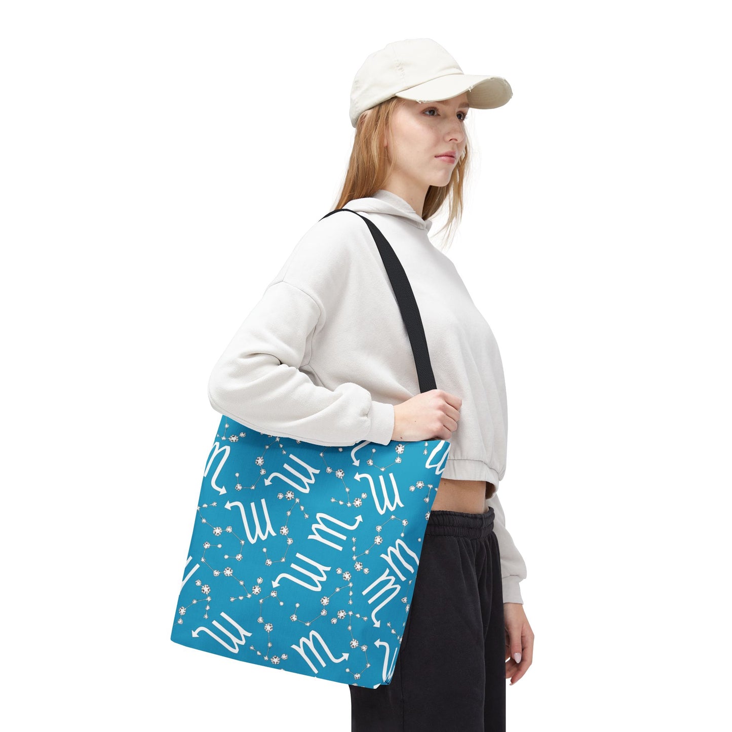 Tote Bag, Scorpio Zodiac Sign, AOP, (Turquoise, White)