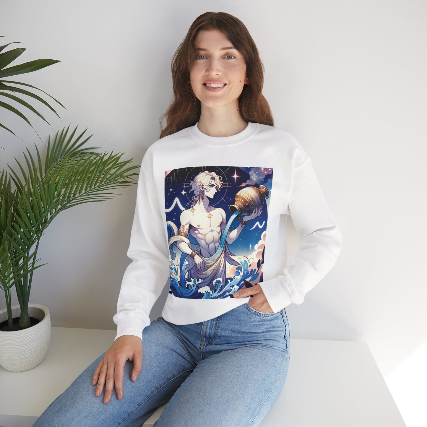 Unisex Heavy Blend™ Crewneck Sweatshirt, Anime Aqua God, Aquarius Zodiac Design