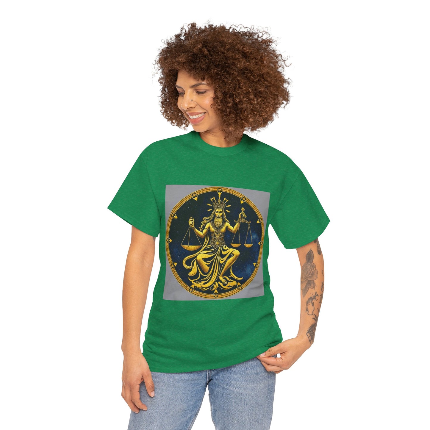 Unisex Heavy Cotton T-Shirt, Gold v1, Libra God, Zodiac Design