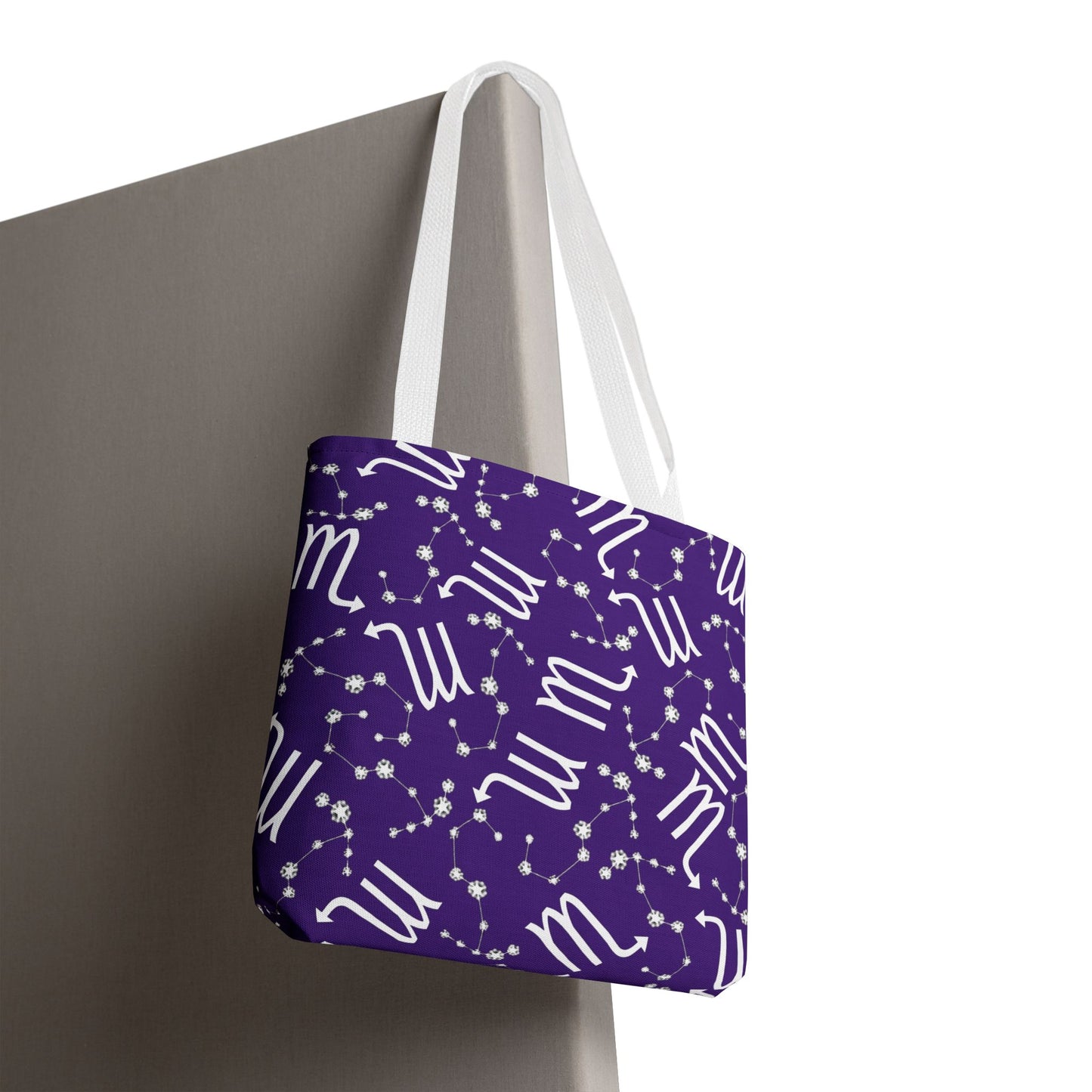Tote Bag, Scorpio Zodiac Sign, AOP, (Purple, White)
