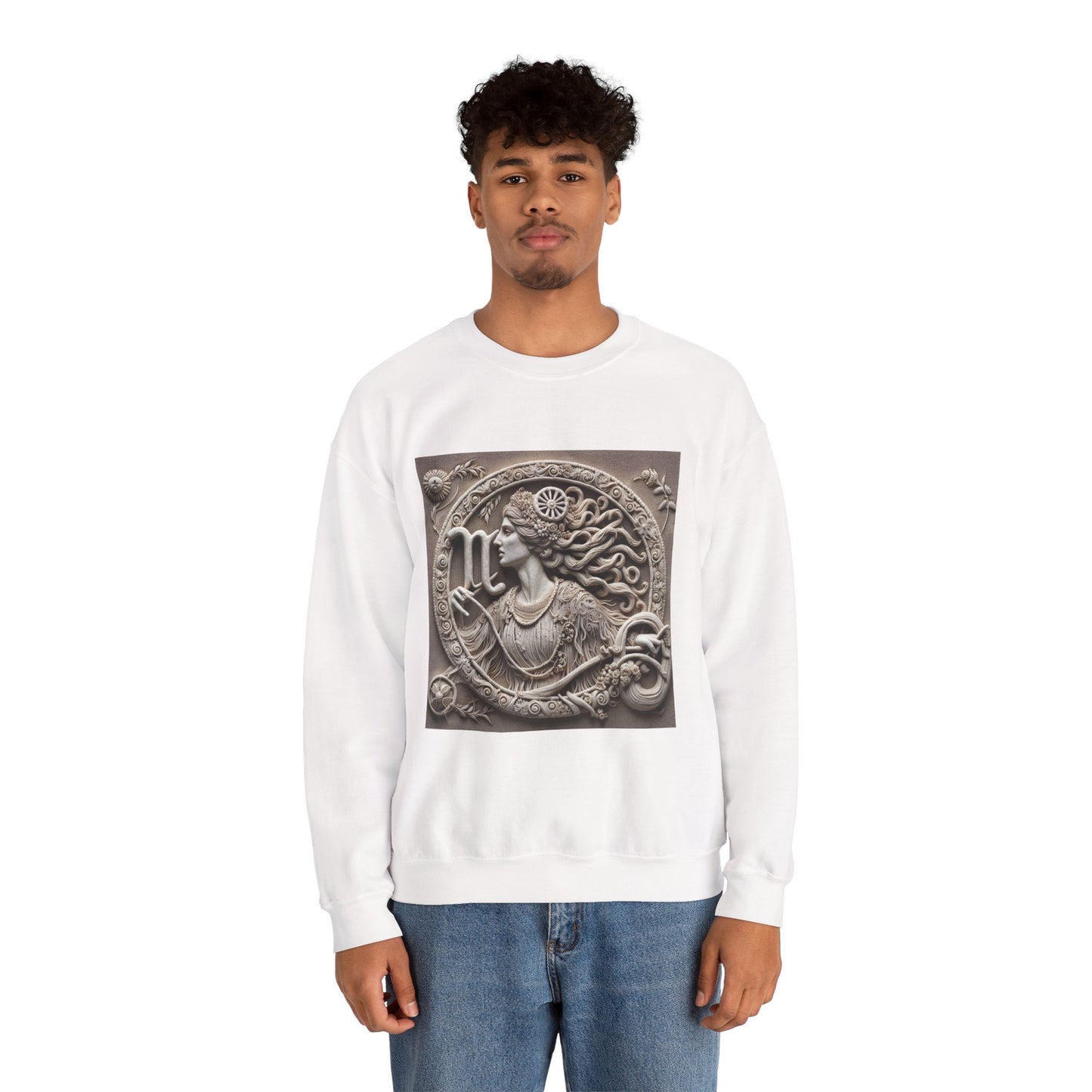 Unisex Heavy Blend™ Crewneck Sweatshirt, Stone Carving, Virgo Zodiac Design