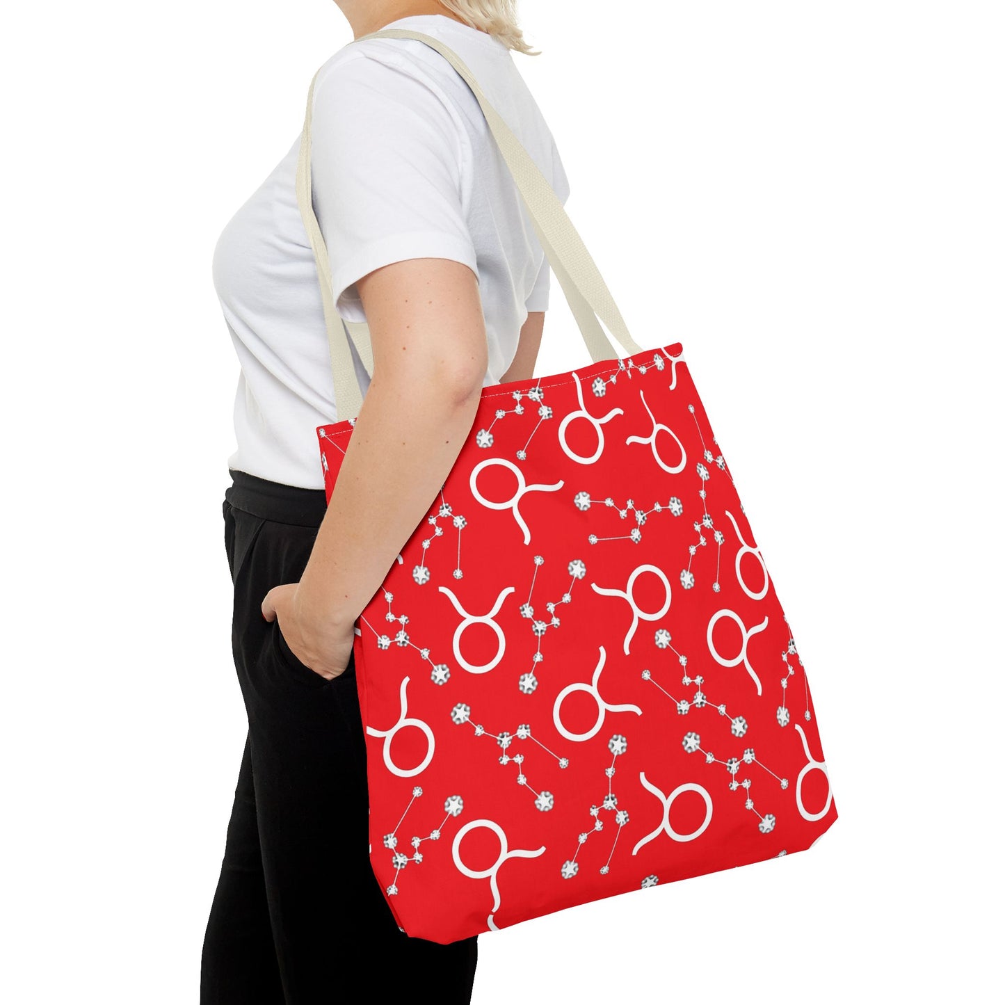 Tote Bag, Taurus Zodiac Sign, AOP, (Red, White)