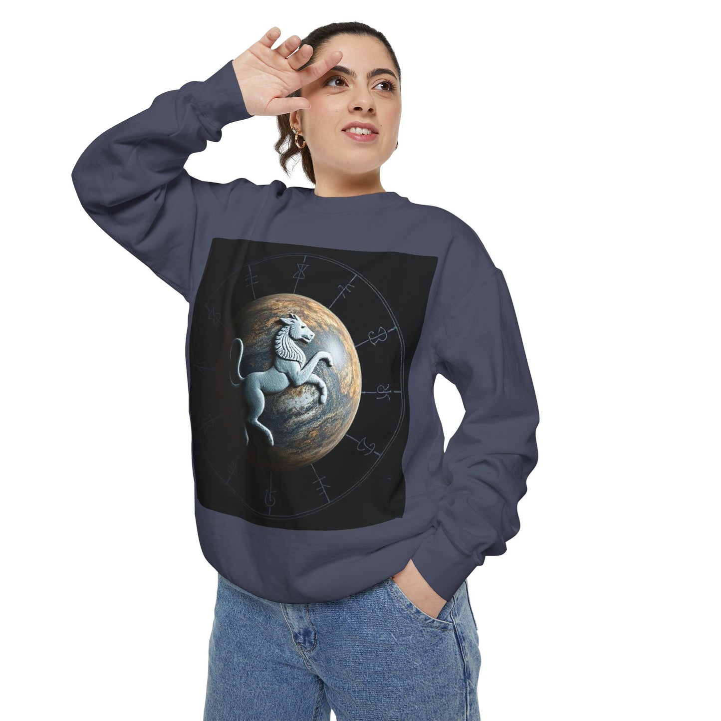 Garment-Dyed Sweatshirt, Unisex, Space Animal Design, Aquarius
