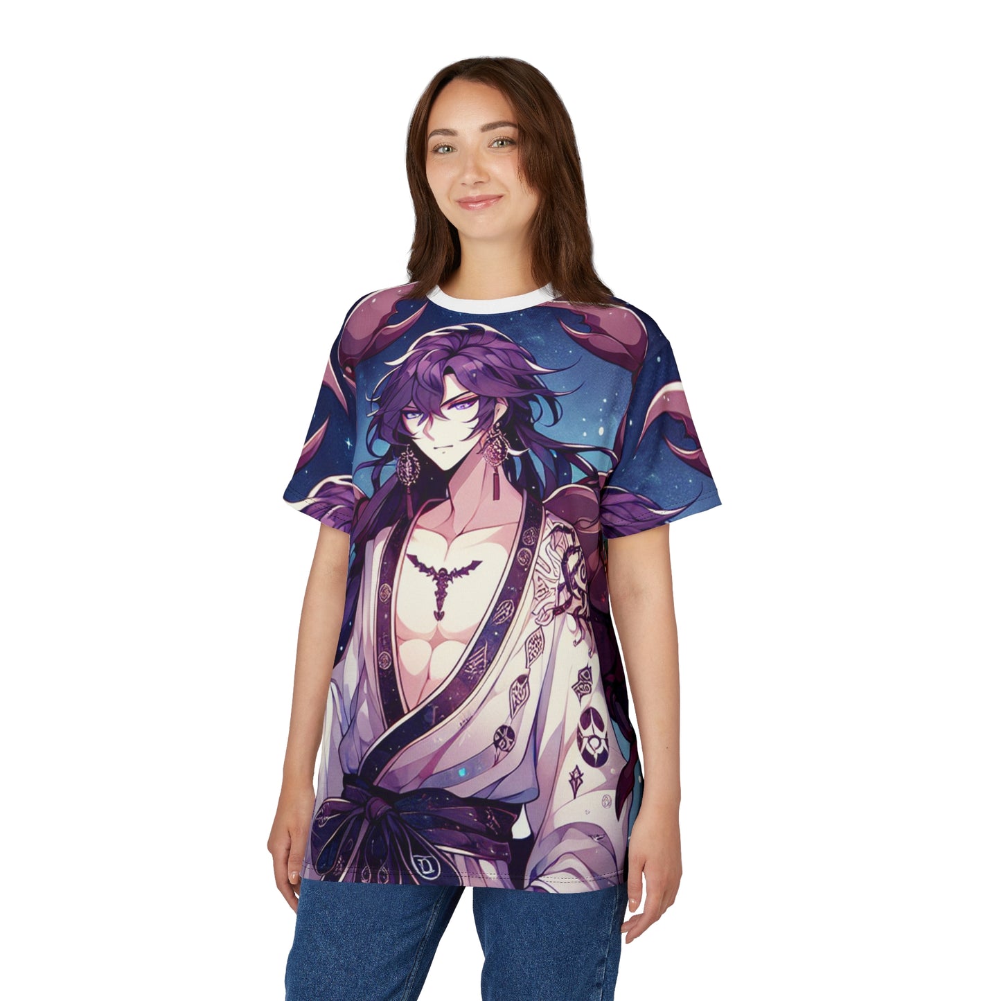 Unisex Cut & Sew T-Shirt (AOP), Anime Character, Scorpio Zodiac Design, Regular fit, 100% Polyester
