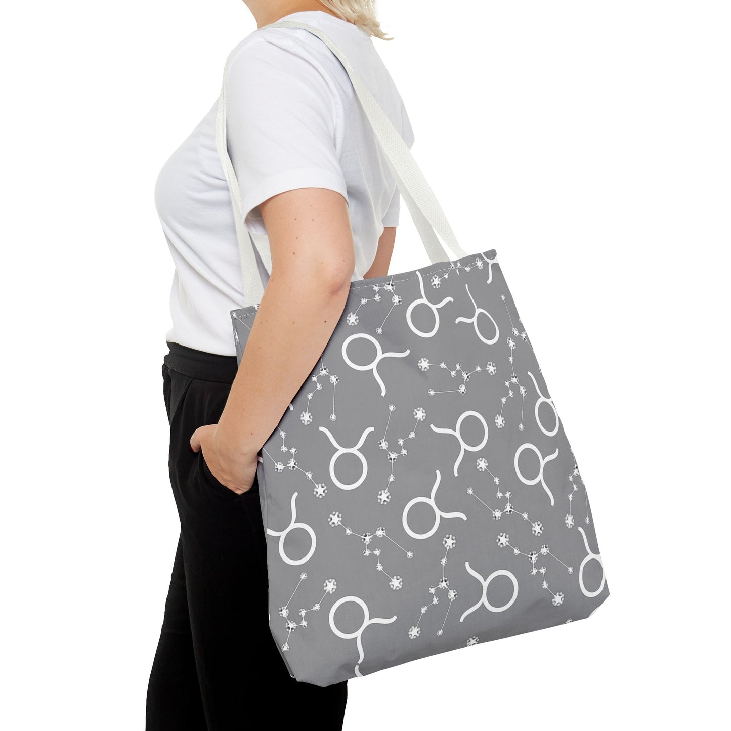 Tote Bag, Taurus Zodiac Sign, AOP, (Grey, White)