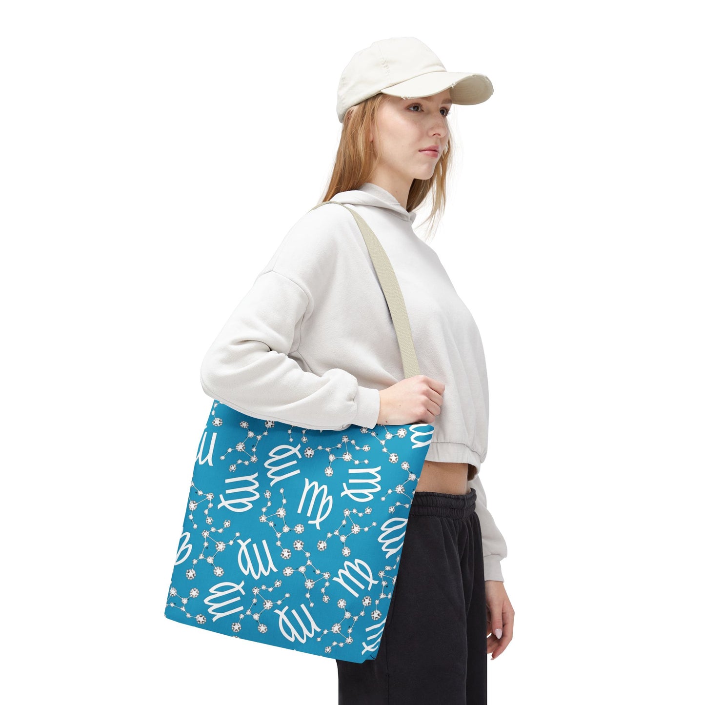 Tote Bag, Virgo Zodiac Sign, AOP, (Turquoise, White)