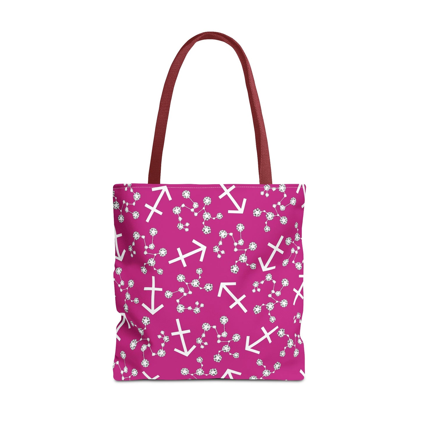 Tote Bag, Sagittarius Zodiac Sign, AOP, (Pink, White Print)