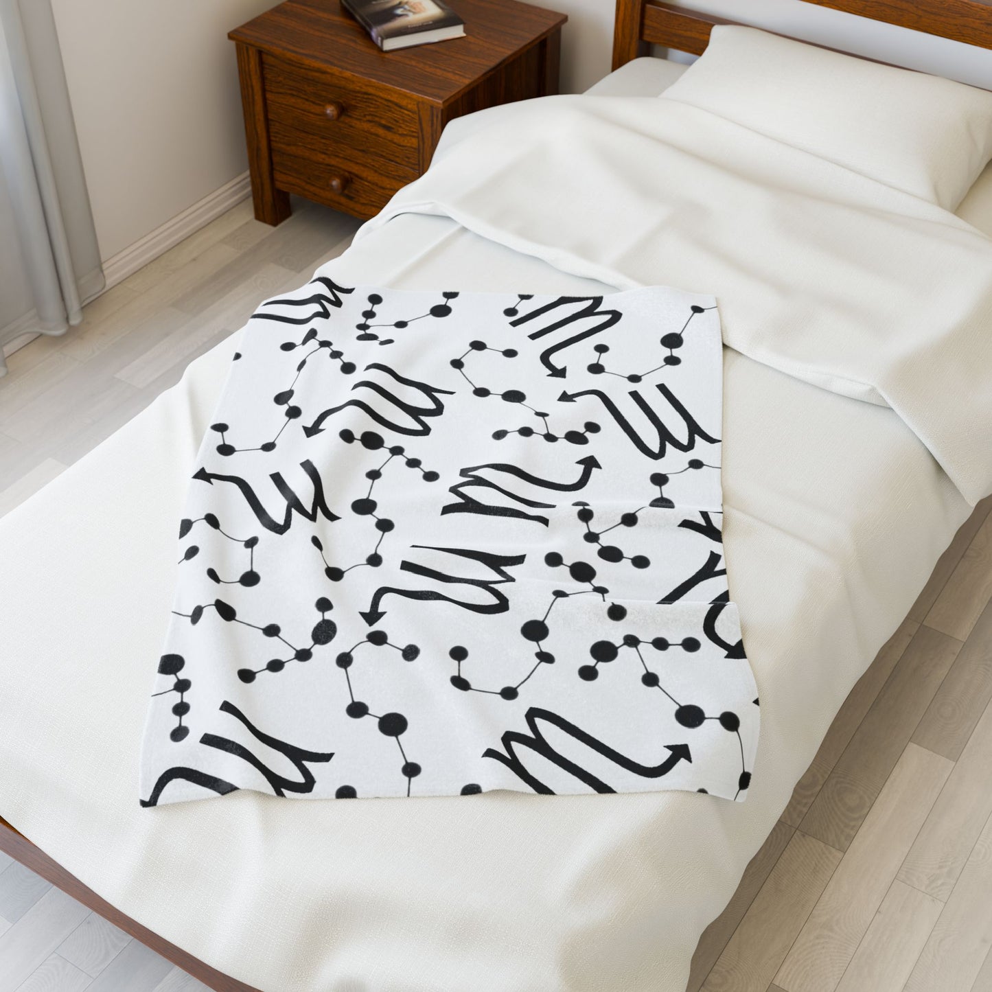 Velveteen Plush Blanket, Scorpio Zodiac Sign, Constellation & Symbol, White, 100% polyester