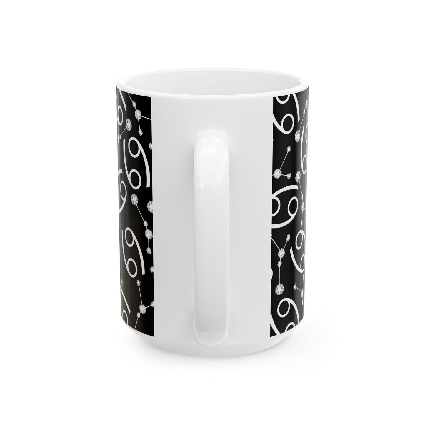 Ceramic Mug, (11oz, 15oz), Ceramic Coffee Mug, Black AOP, Cancer Zodiac Design