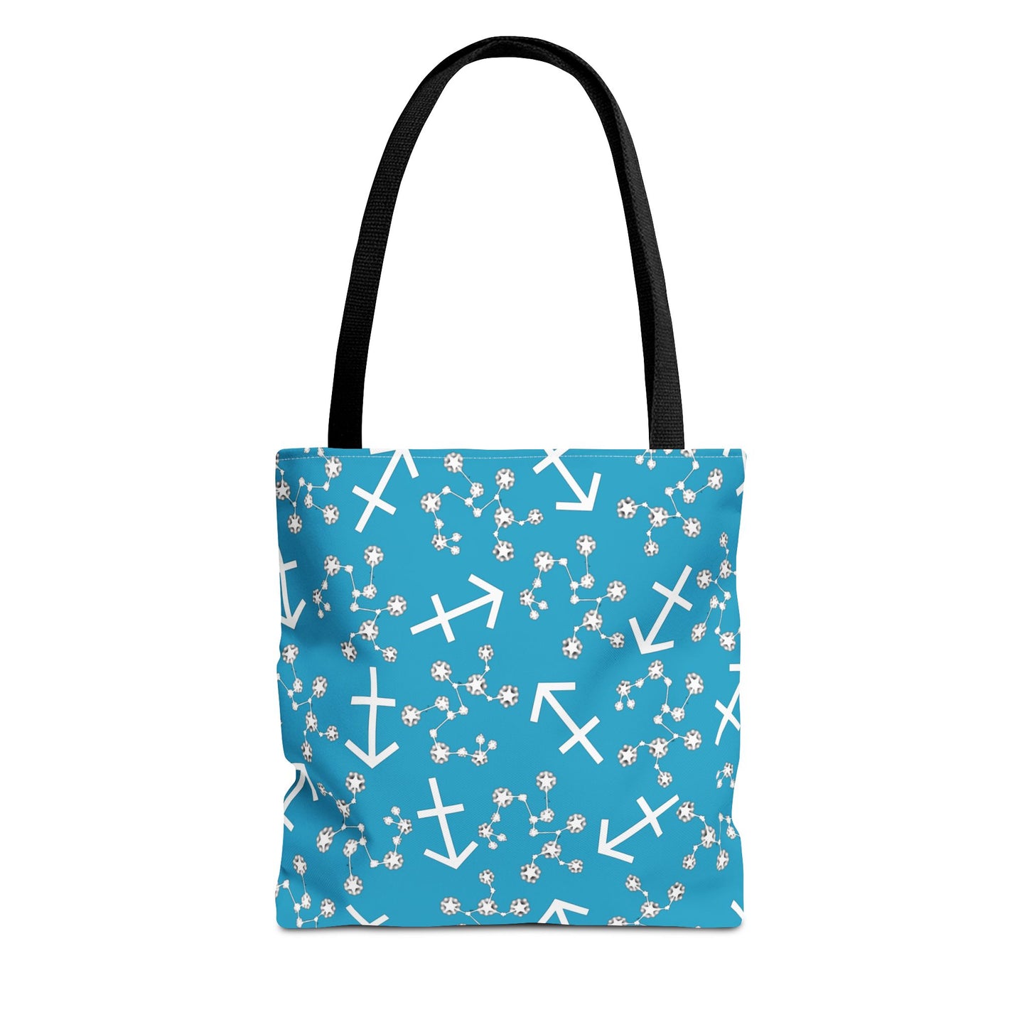 Tote Bag, Sagittarius Zodiac Sign, AOP, (Turquoise, White Print)