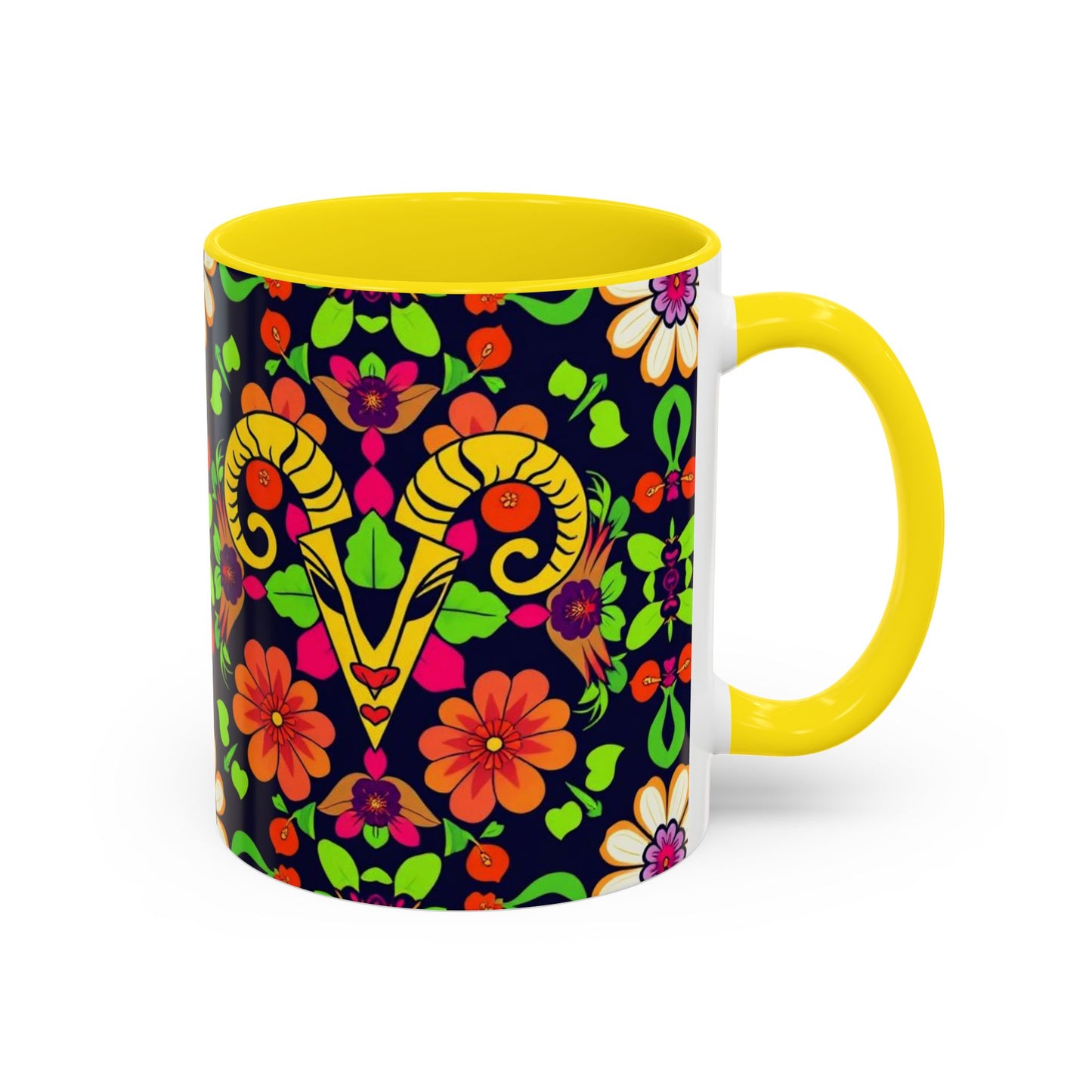 Accent Coffee Mug, Aries, Zodiac v2, Flower Pattern, (11, 15oz)