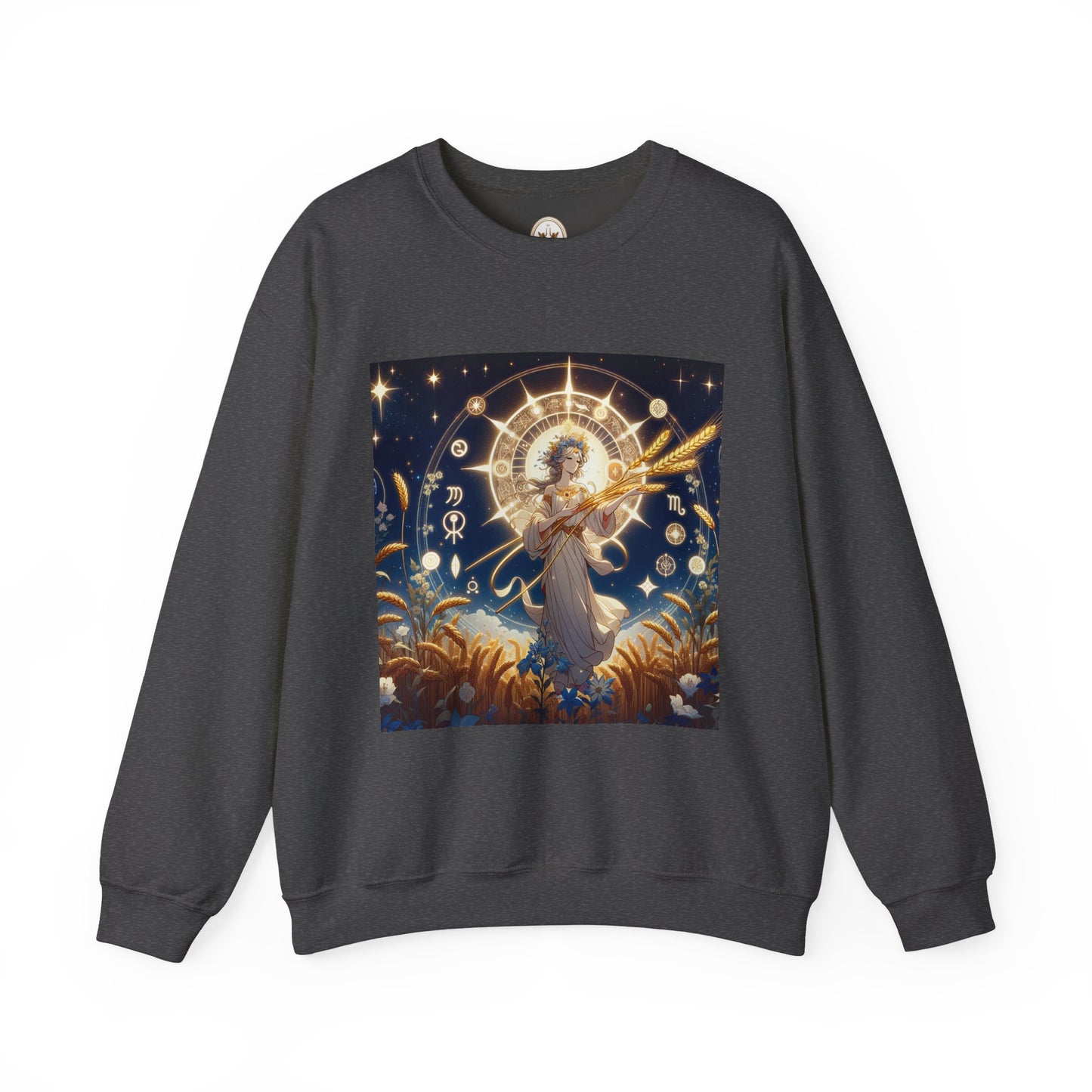 Unisex Heavy Blend™ Crewneck Sweatshirt, anime girl in wheat field, Virgo Zodiac Design