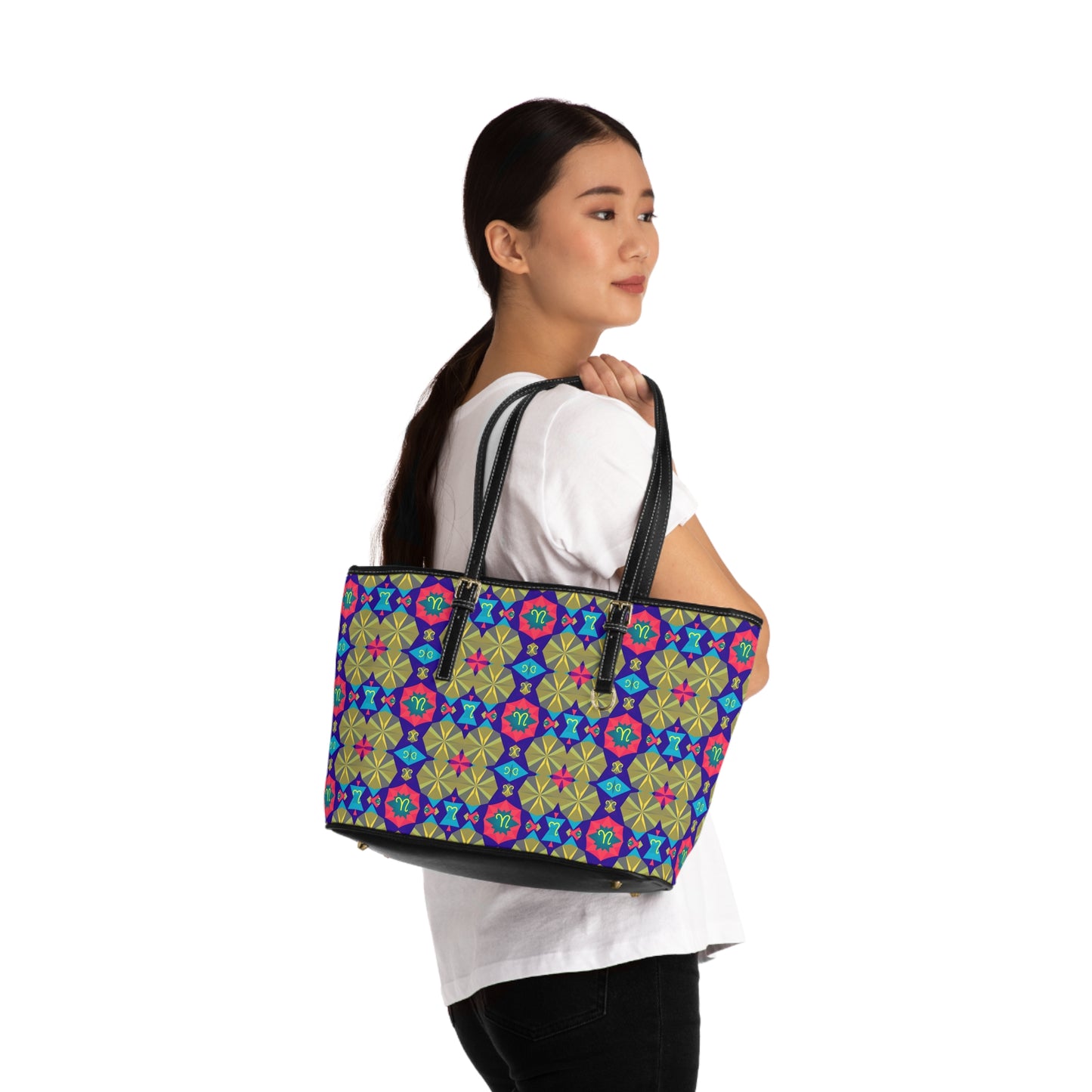 Leather Shoulder Bag, Aquarius, Zodiac v3, Shapes Pattern