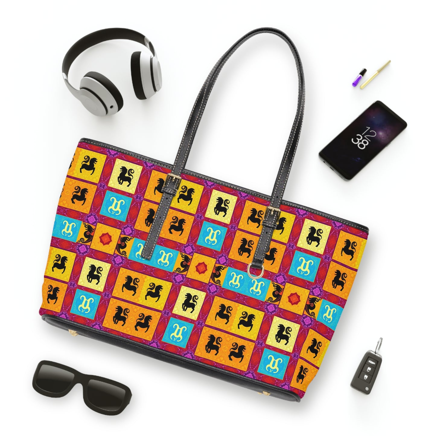 Leather Shoulder Bag, Virgo, Zodiac v4, Shapes Pattern