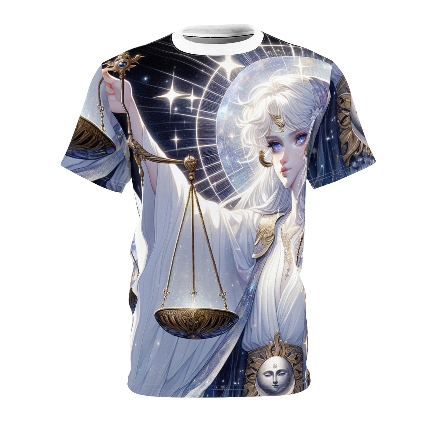 Unisex Cut & Sew T-Shirt (AOP), Angel with Scale, Libra Zodiac Design, Regular fit, 100% Polyester