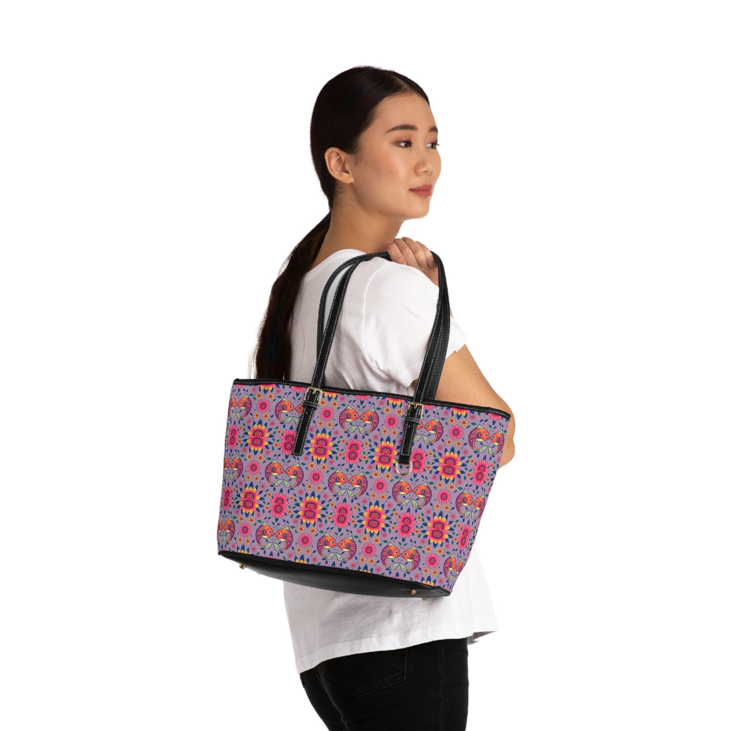 Leather Shoulder Bag, Pisces, Zodiac v1, Flower Pattern