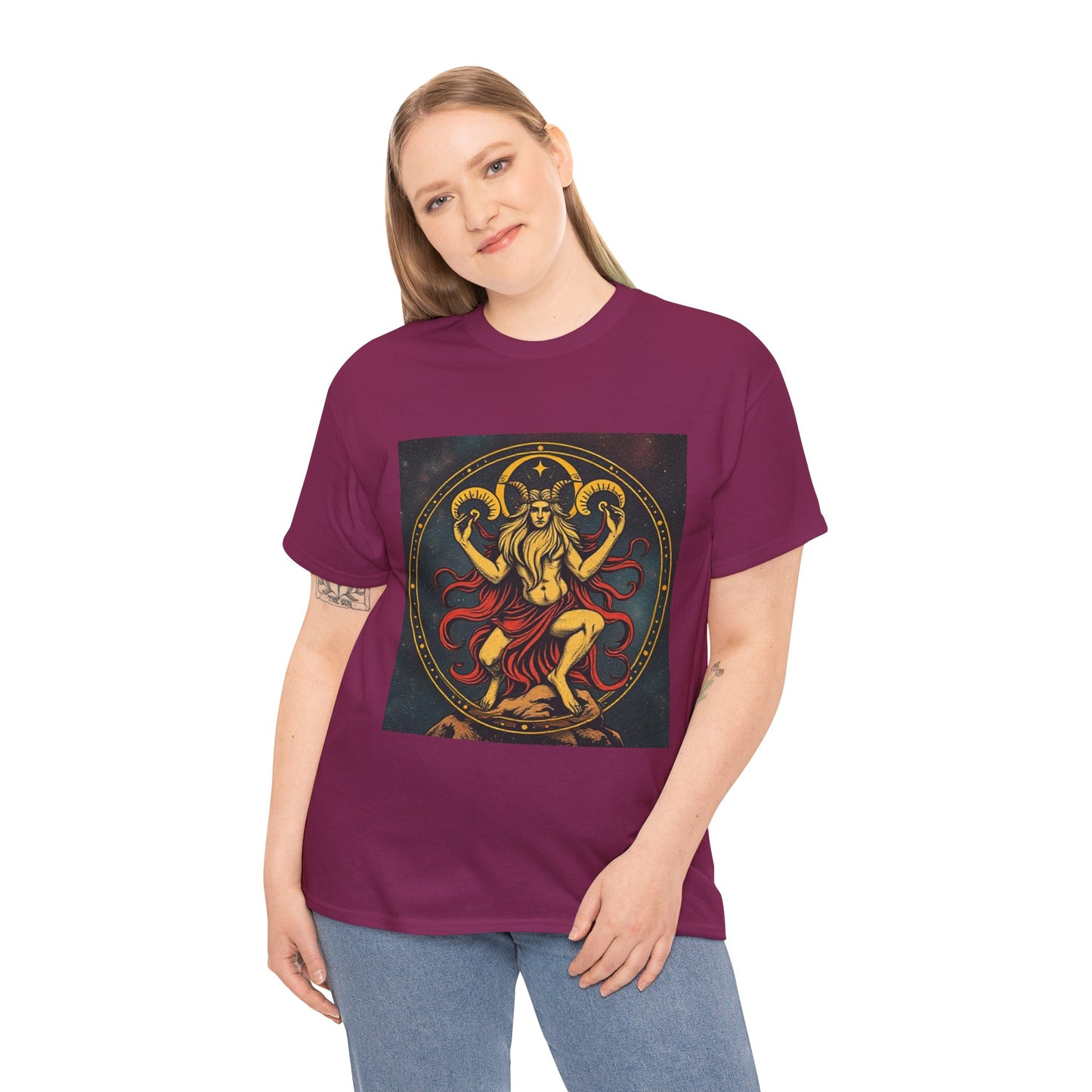 Unisex Heavy Cotton T-Shirt, Aries God 3v, Zodiac Design