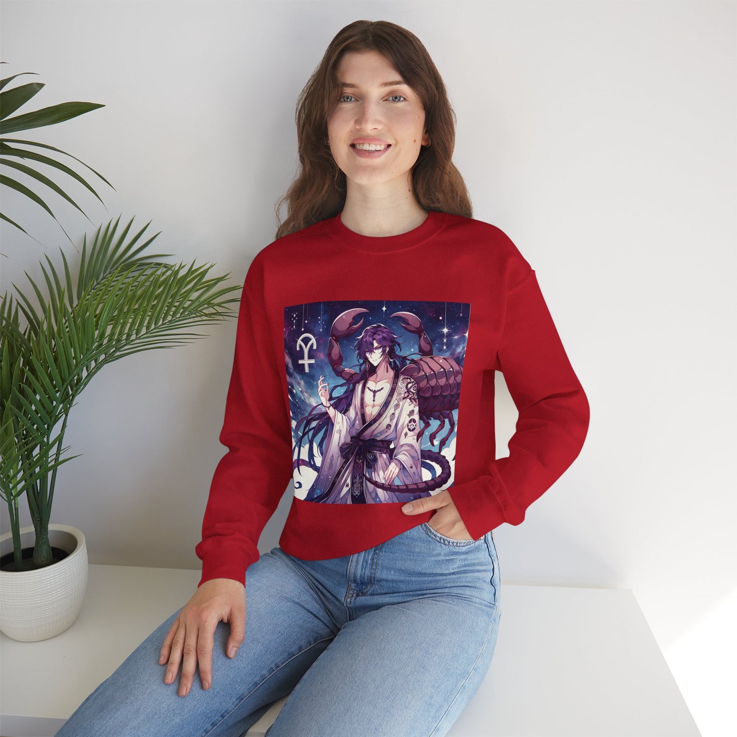 Unisex Heavy Blend™ Crewneck Sweatshirt, Scorpio Zodiac Design, purple scorpion anime