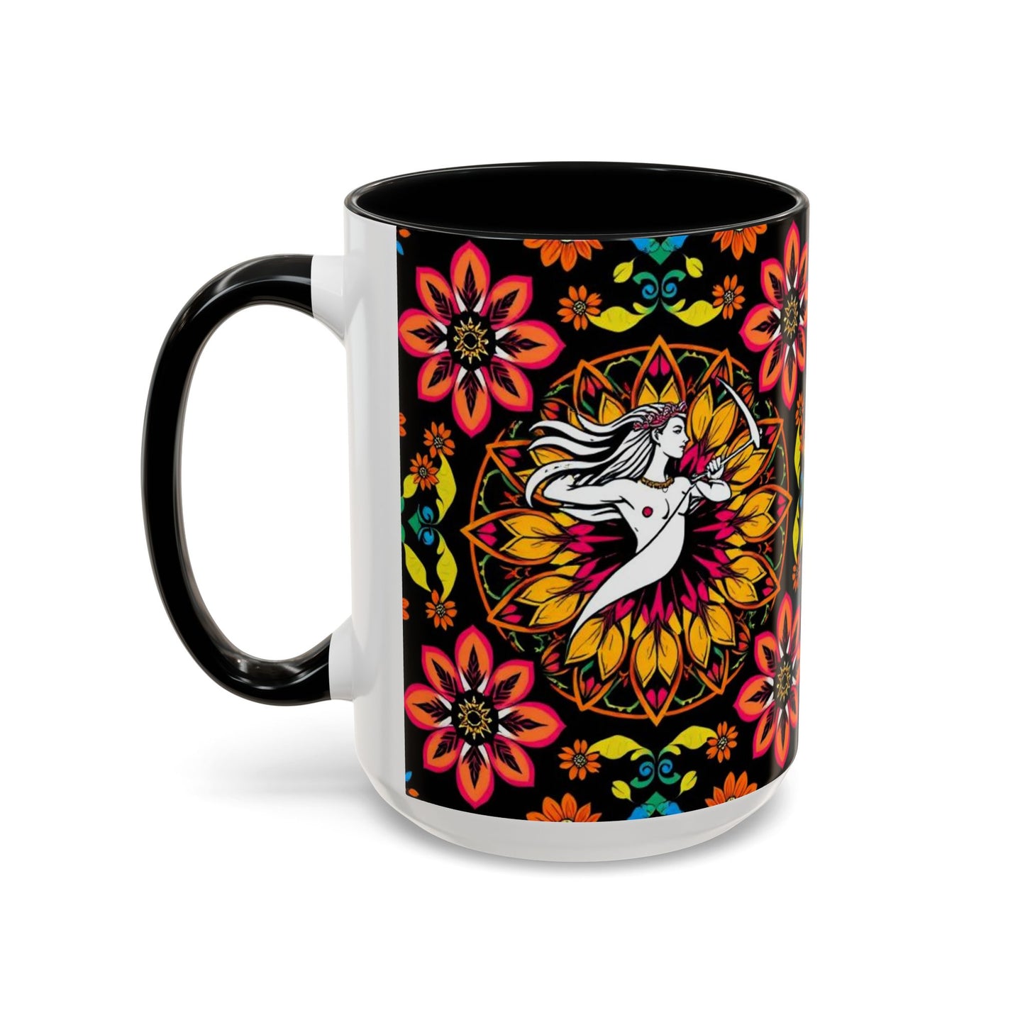 Accent Coffee Mug, Sagittarius, Zodiac v2. Flower Pattern, (11, 15oz)
