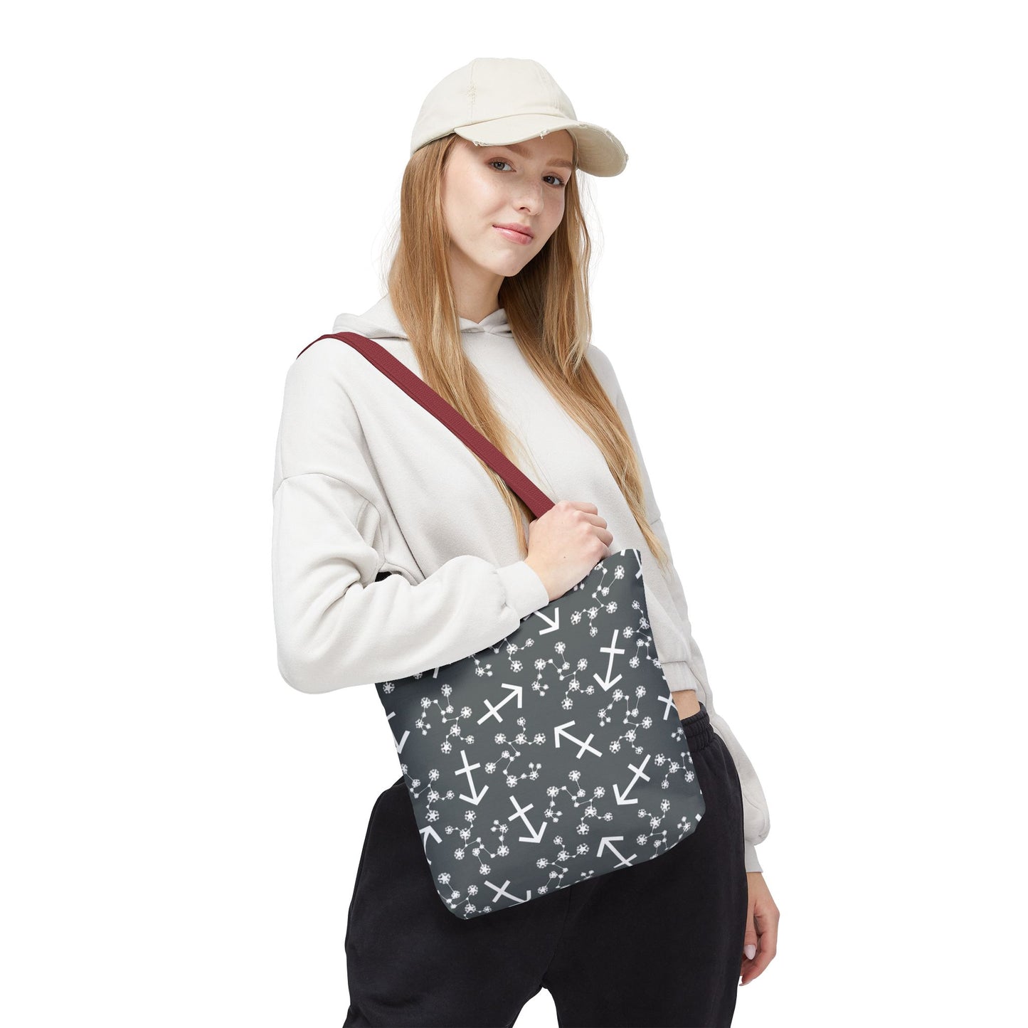 Tote Bag, Sagittarius Zodiac Sign, AOP, (Grey, White Print)