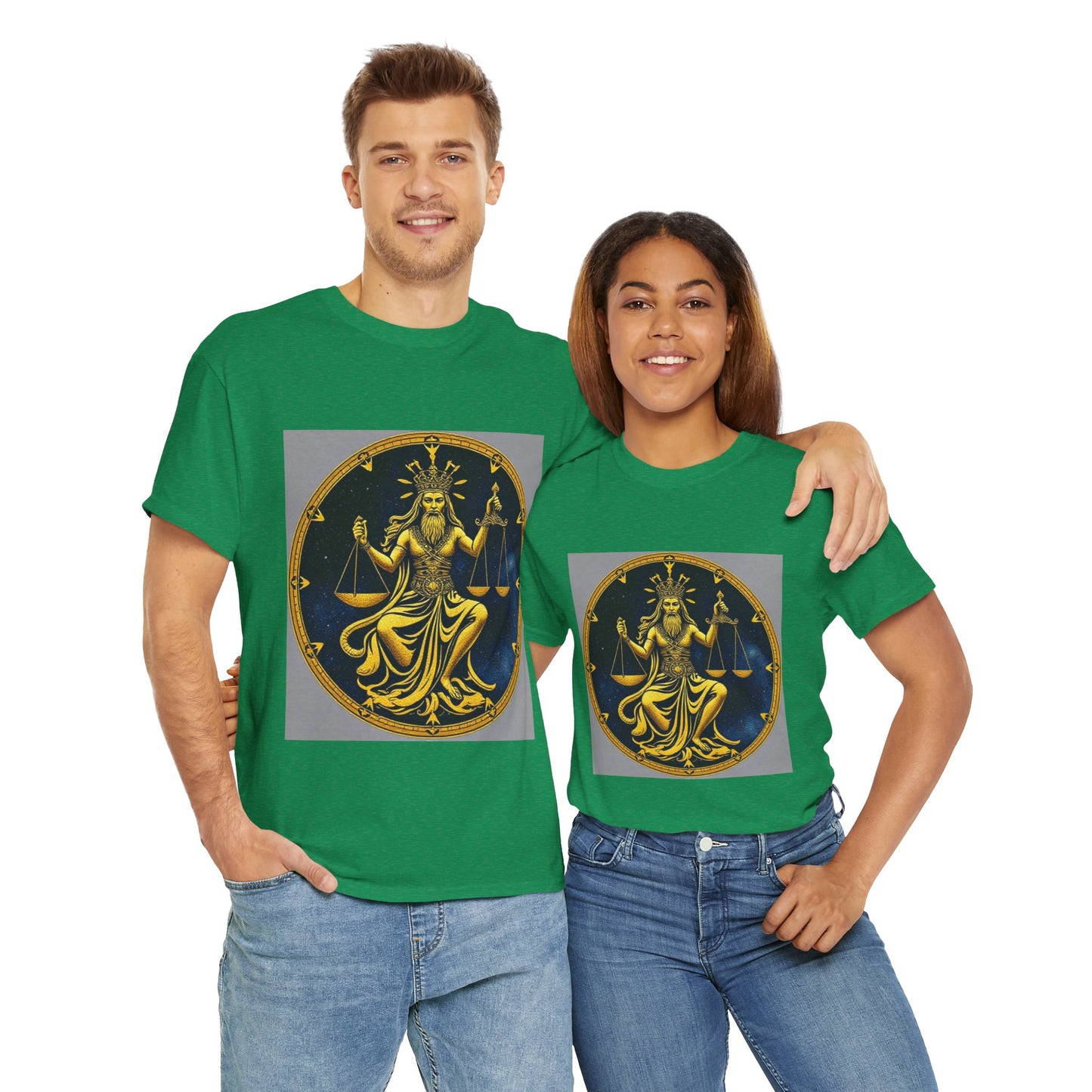 Unisex Heavy Cotton T-Shirt, Gold v1, Libra God, Zodiac Design