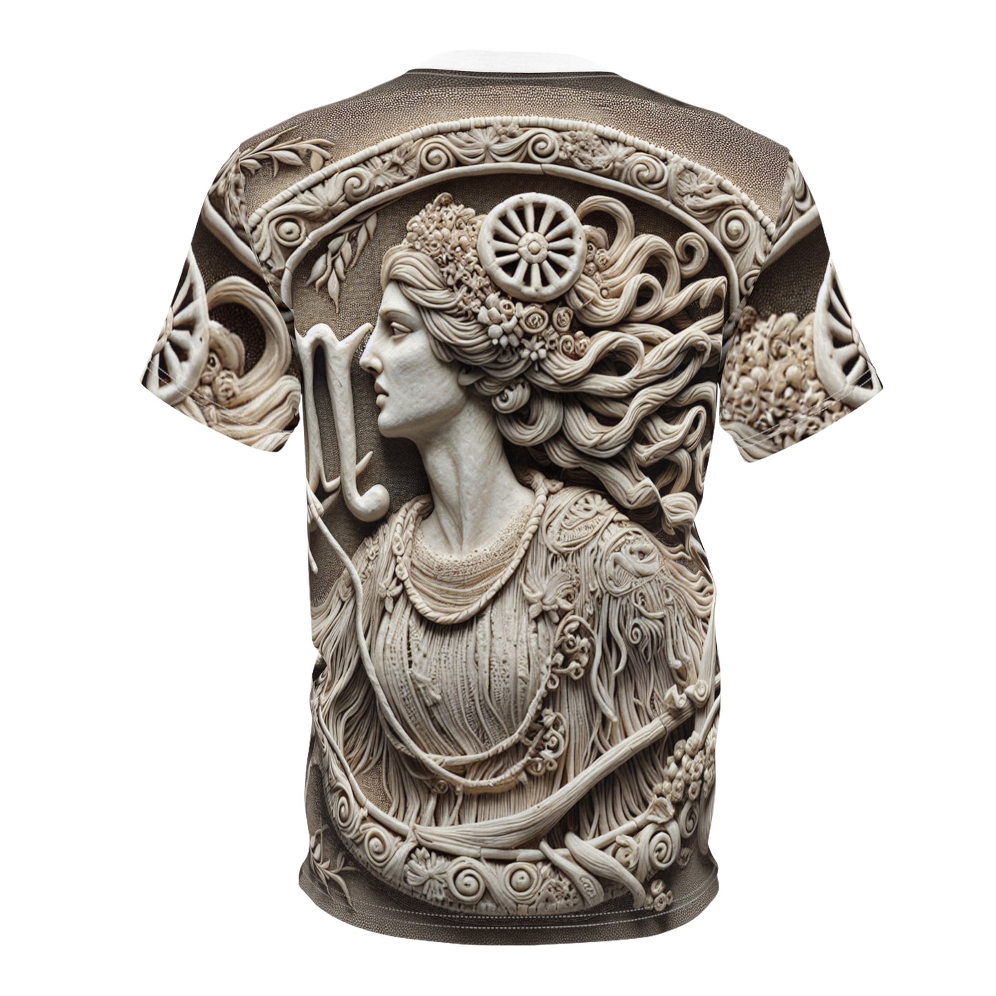 Unisex Cut & Sew T-Shirt (AOP), Lady Stone Carving, Virgo Zodiac Design, Regular fit, 100% Polyester