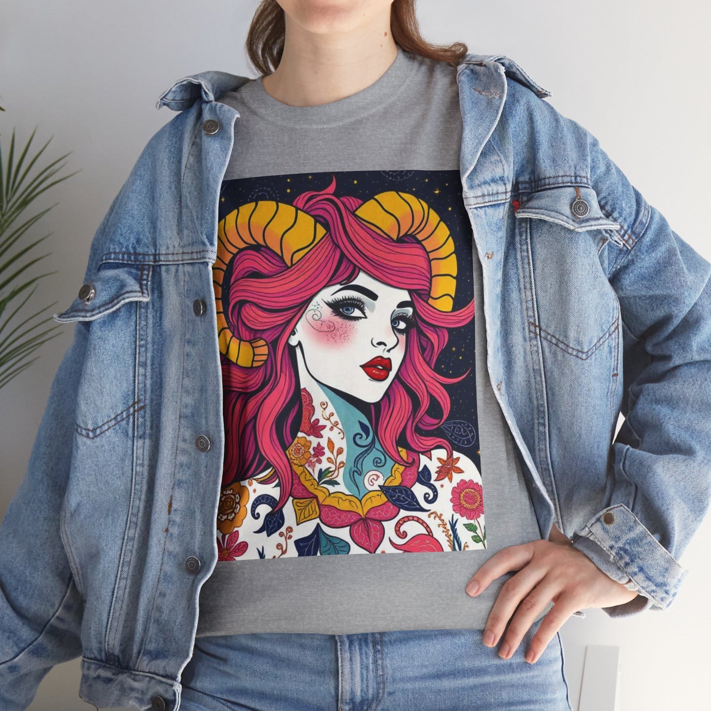 Unisex Heavy Cotton T-Shirt, Aries, Zodiac v2, Sexy Art